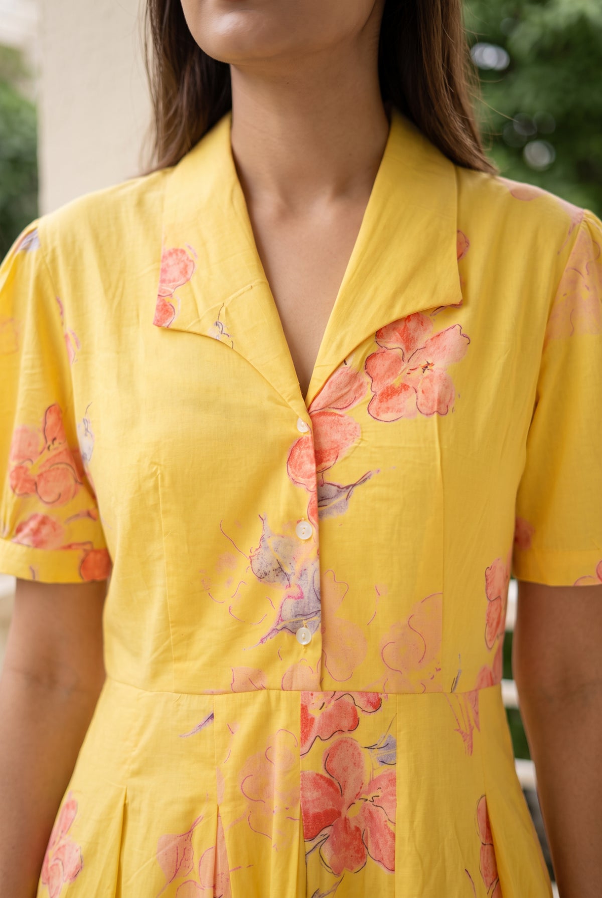 Yellow Floral Printed Fit and Flare Midi Cotton Dress