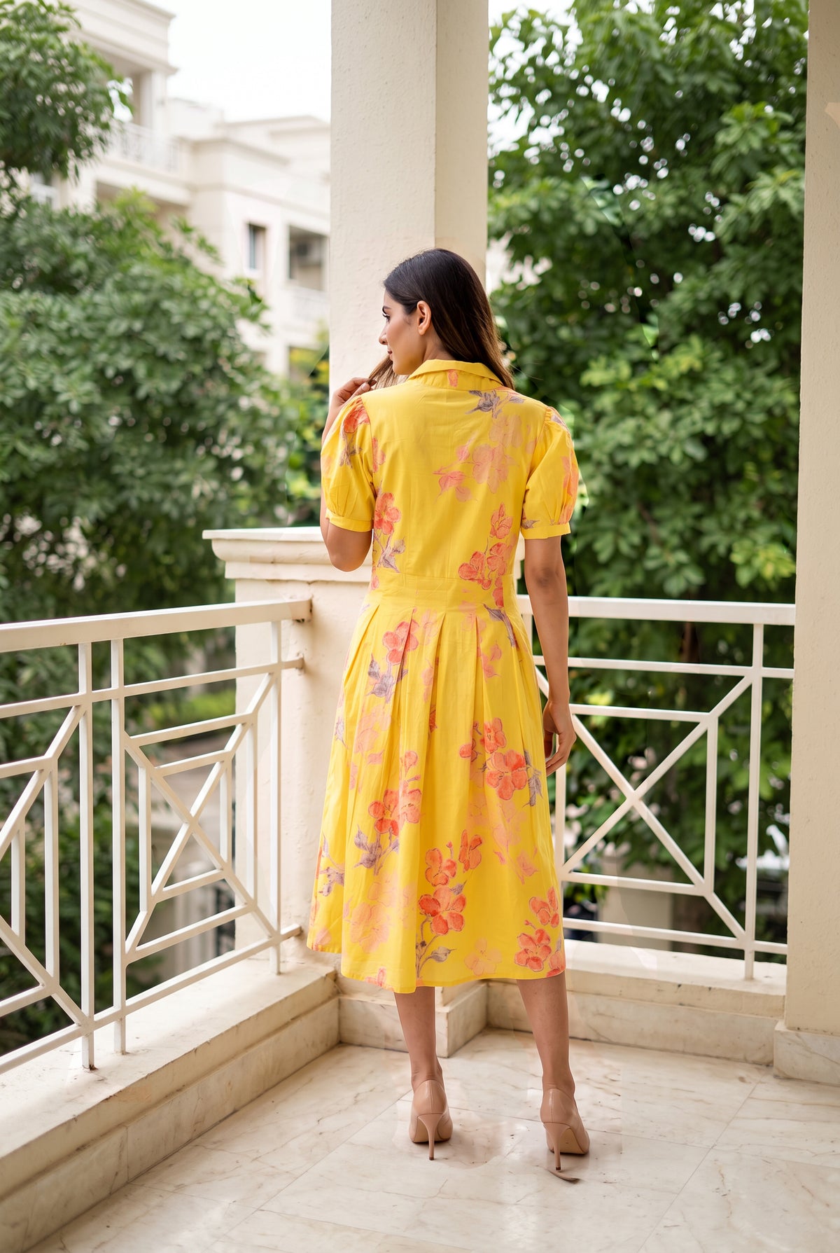 Yellow Floral Printed Fit and Flare Midi Cotton Dress
