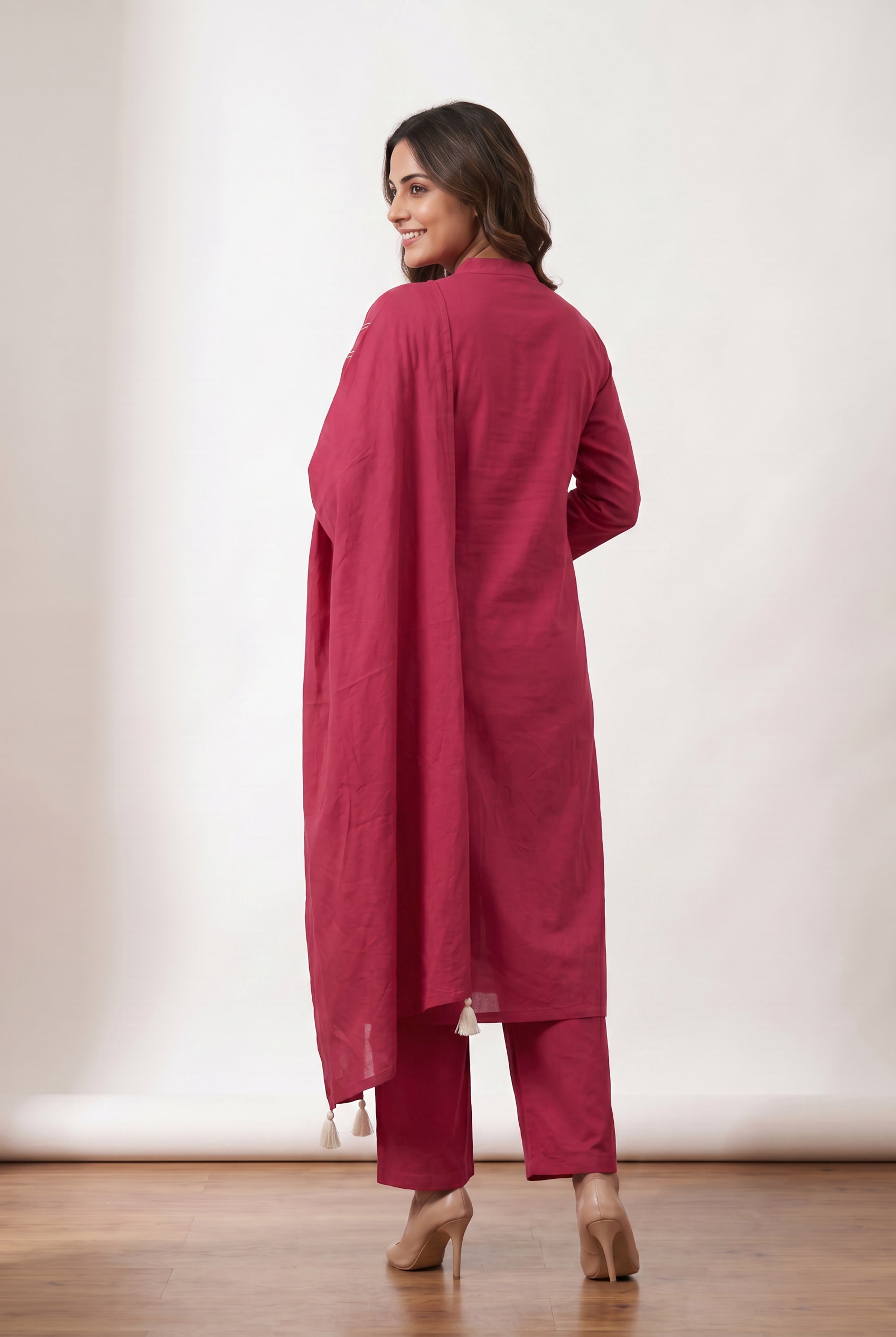 Pink Floral Thread Embroidered Cotton Kurta Pant Set with Tassel Dupatta