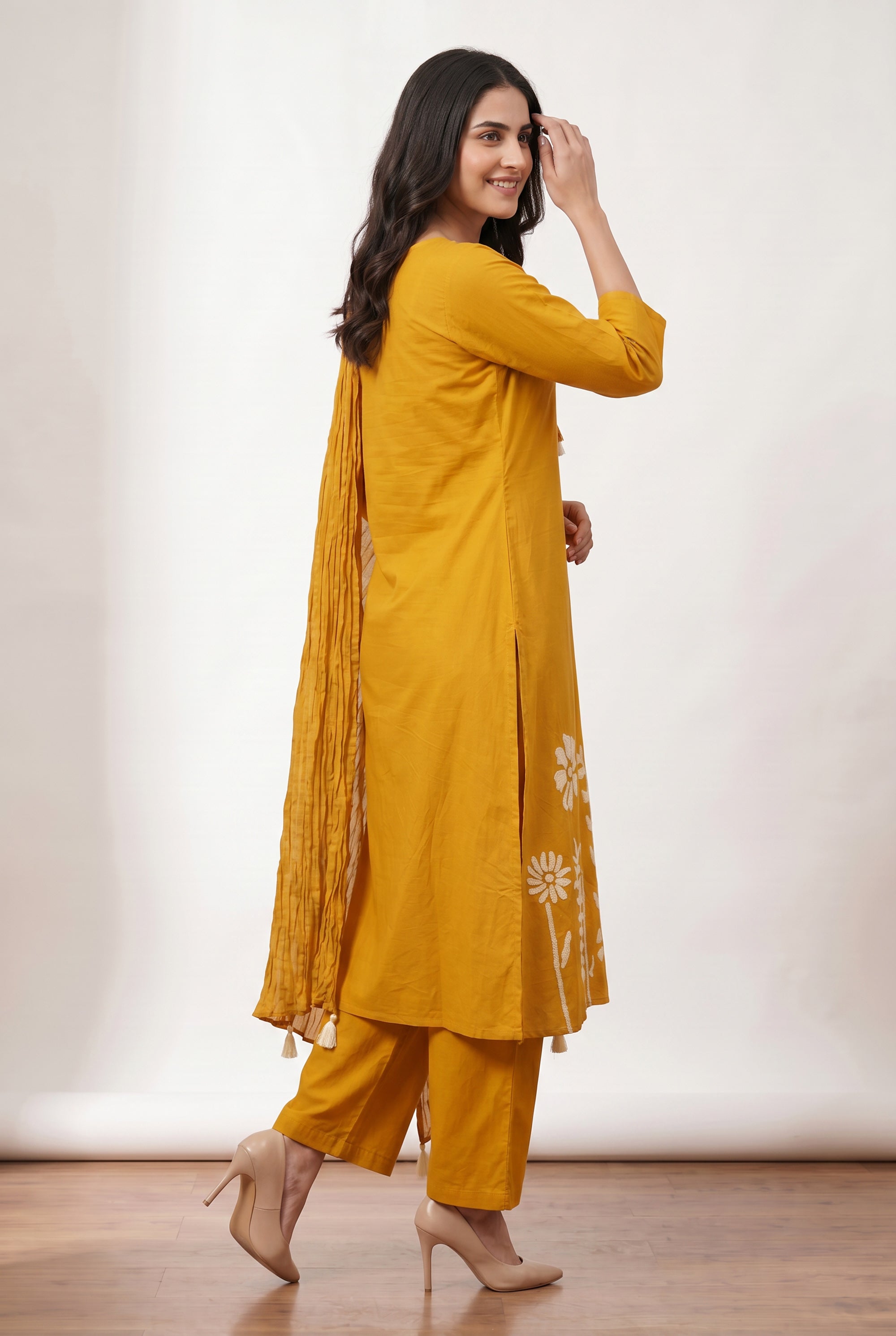 Mustard Straight Cotton Kurta Set with Floral Embroidery & Pleated Tassel Dupatta