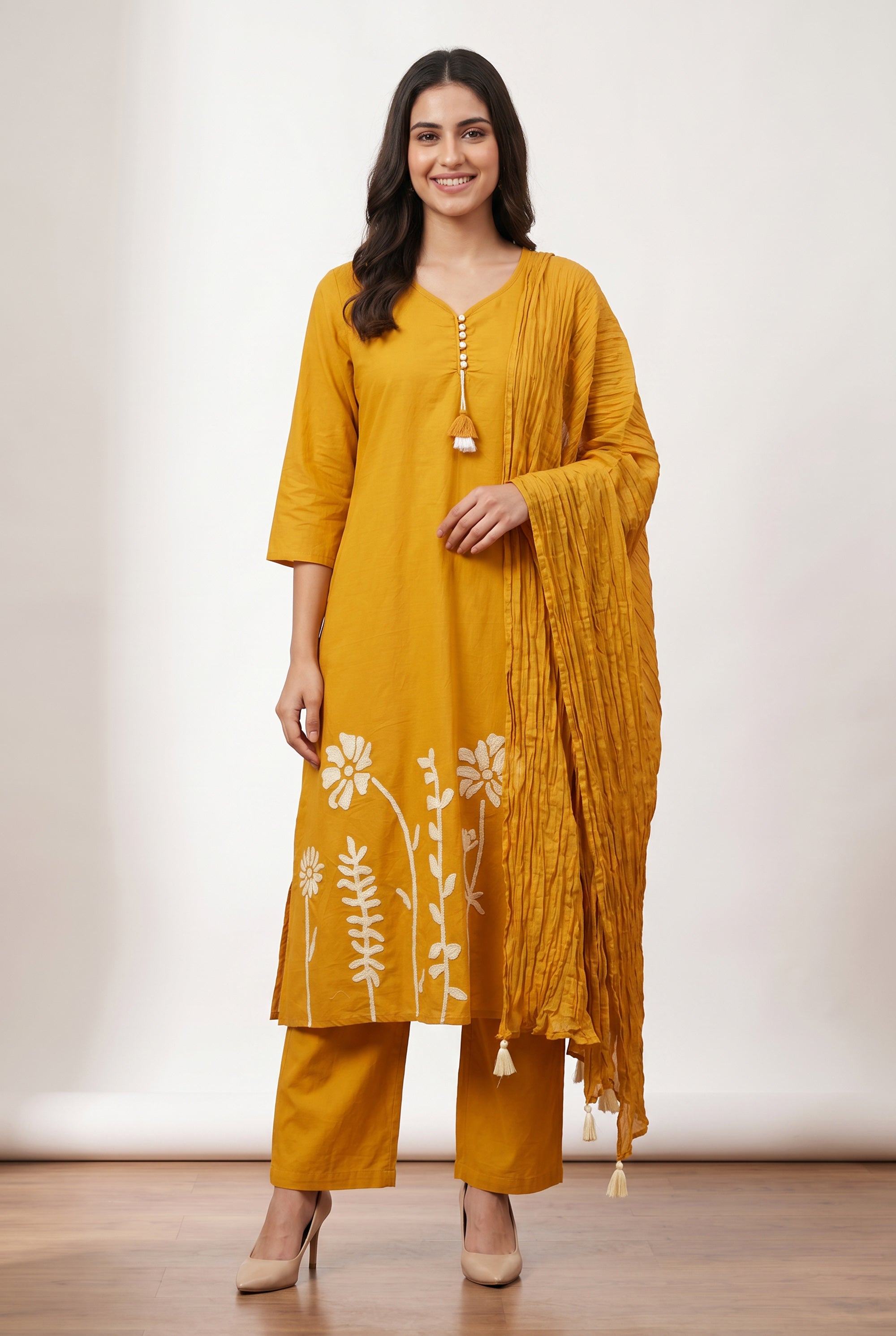 Mustard Straight Cotton Kurta Set with Floral Embroidery & Pleated Tassel Dupatta