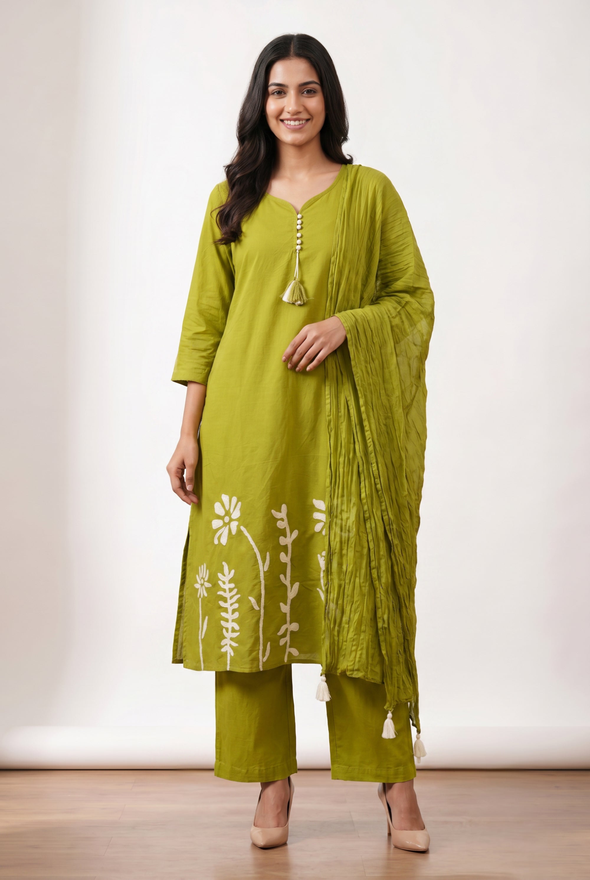 Lime Green Ethnic Floral Embroidered Cotton Kurta Pant Set with Pleated Dupatta