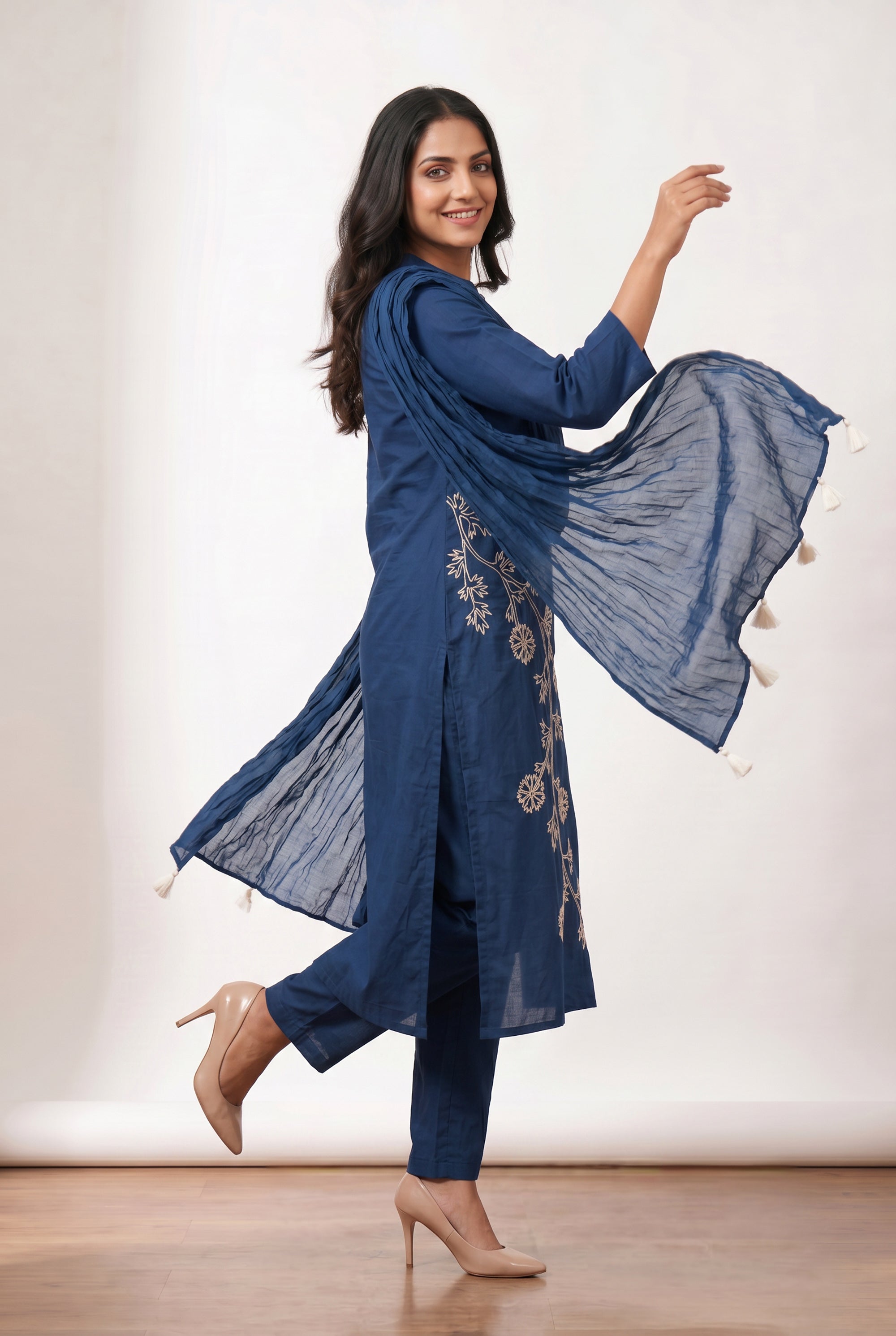 Blue Straight Cotton Kurta Set with Ethnic Floral Embroidery & Tassel Dupatta