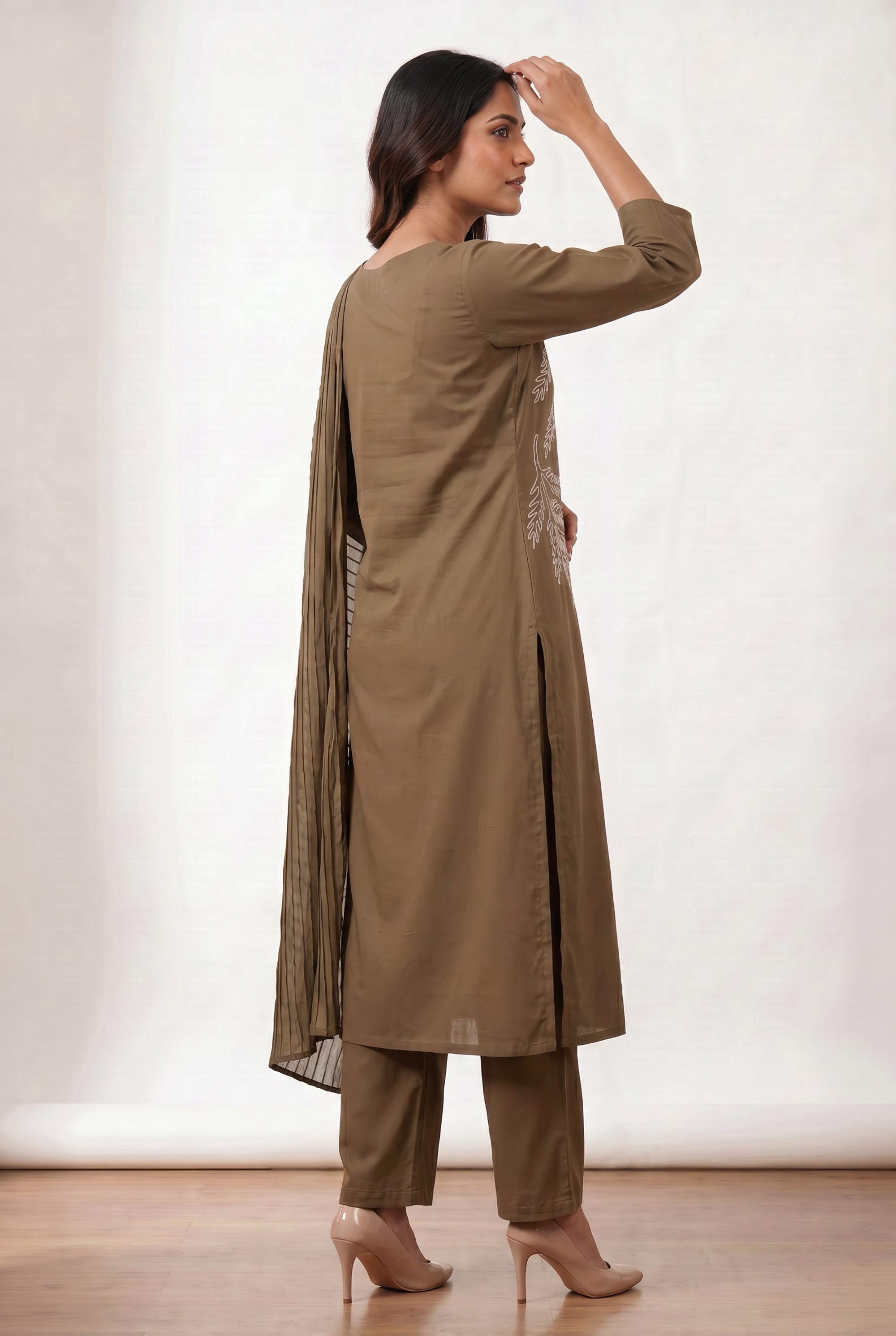 Ethnic Brown Floral Embroidered Cotton Straight Kurta Set with Pants & Dupatta