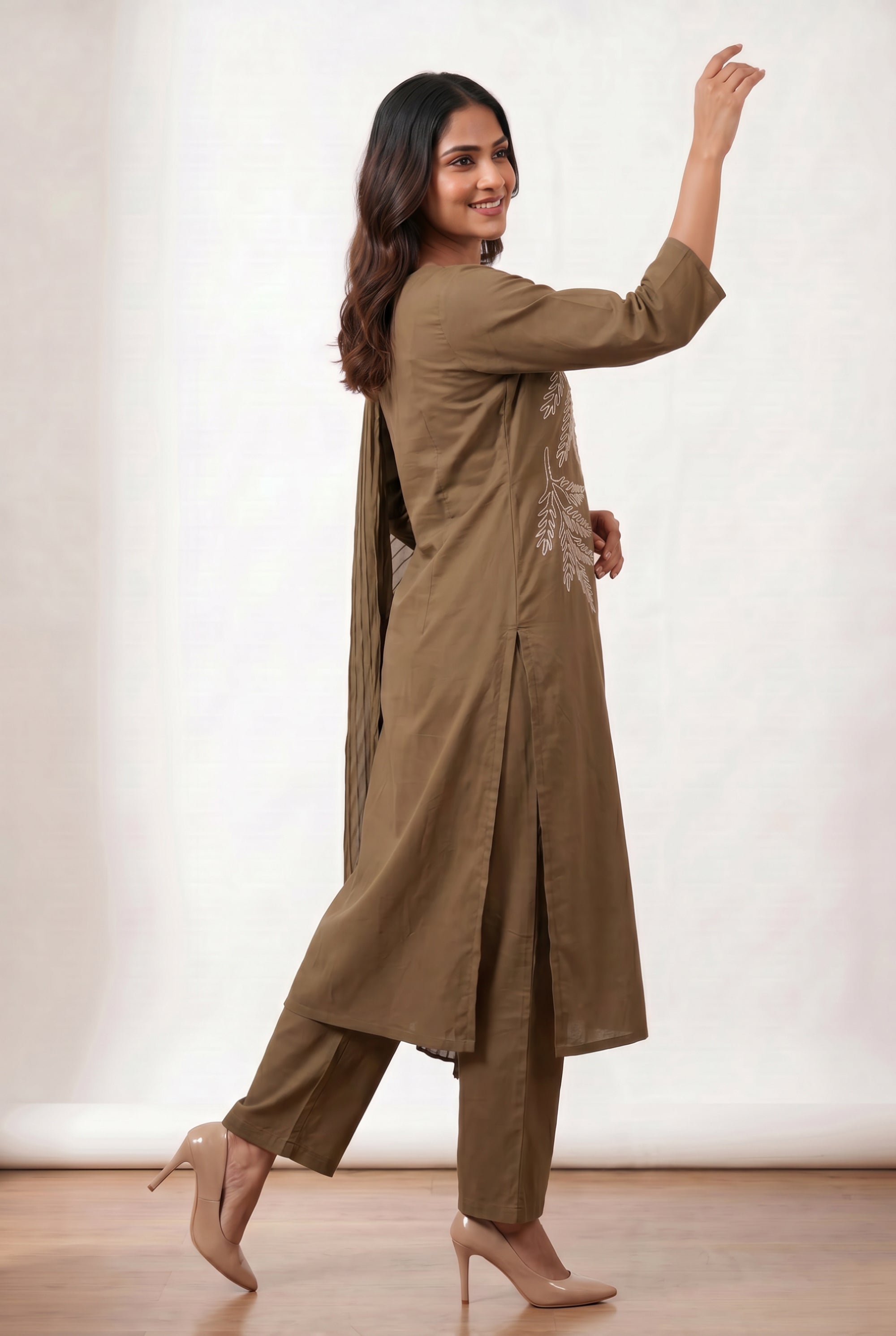 Ethnic Brown Floral Embroidered Cotton Straight Kurta Set with Pants & Dupatta
