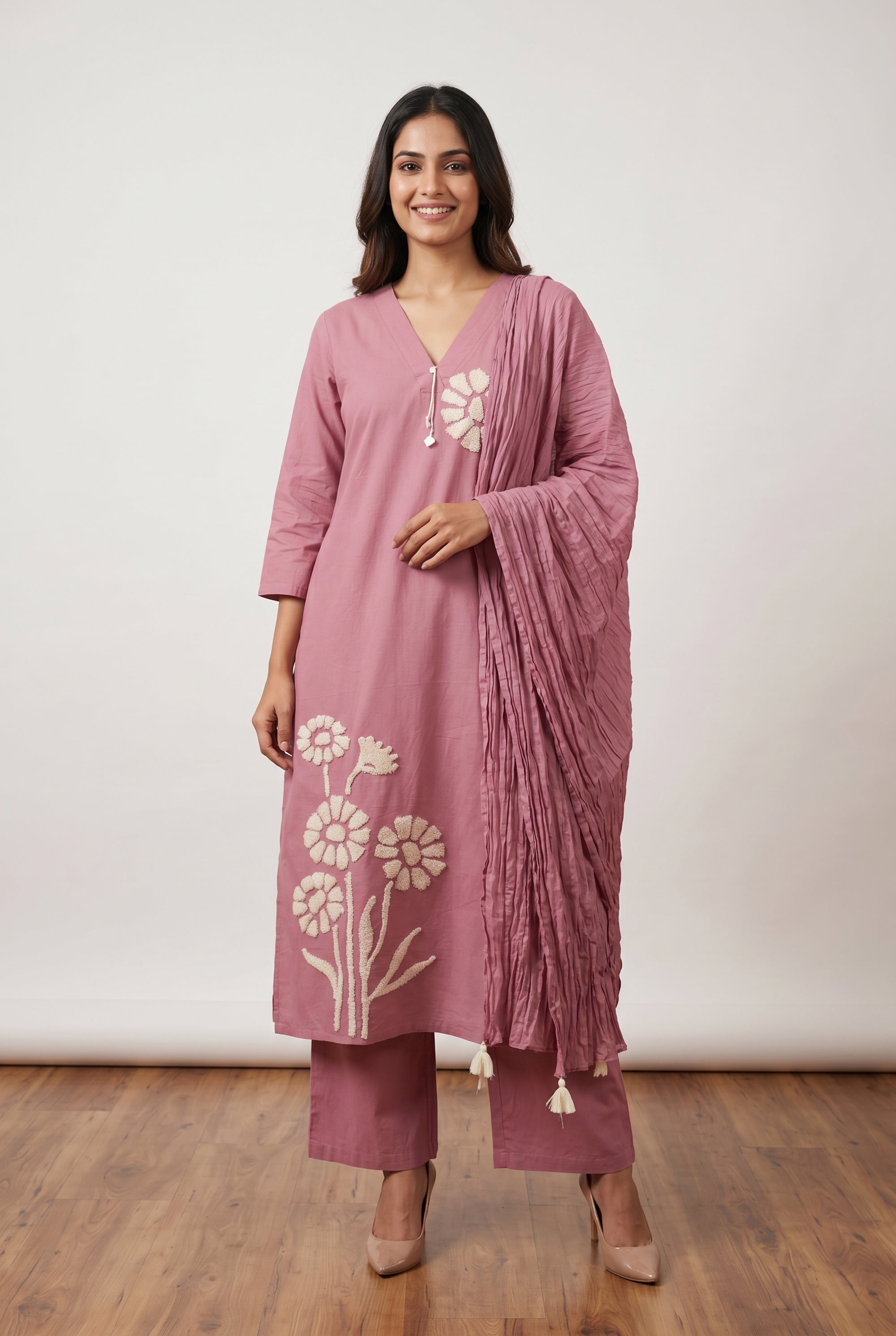 Pink Floral Embroidery Cotton Straight Kurta Pant Set with Pleated Tassel Dupatta