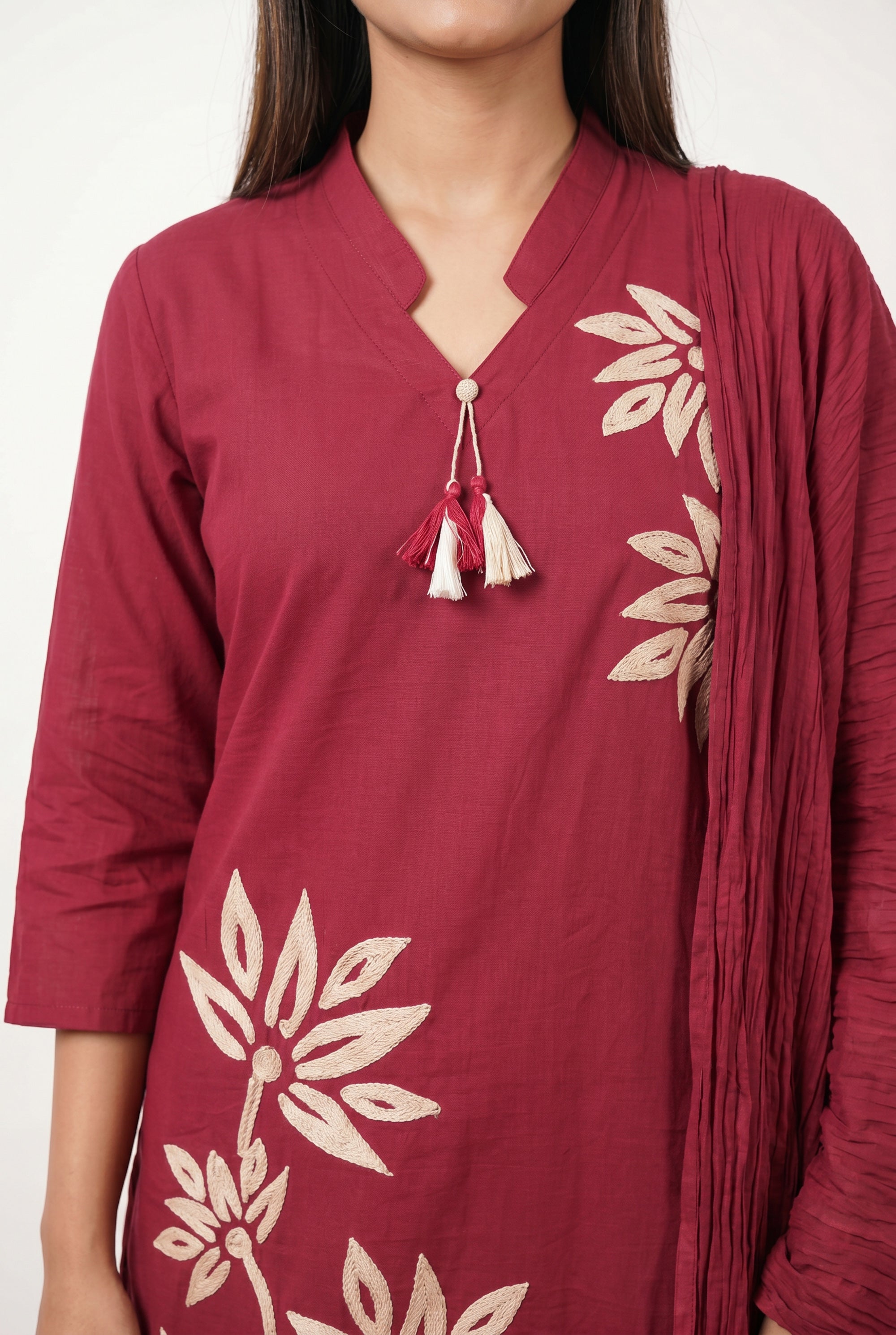Maroon Floral Embroidered Cotton Kurta Pant Set with Pleated Tassel Dupatta