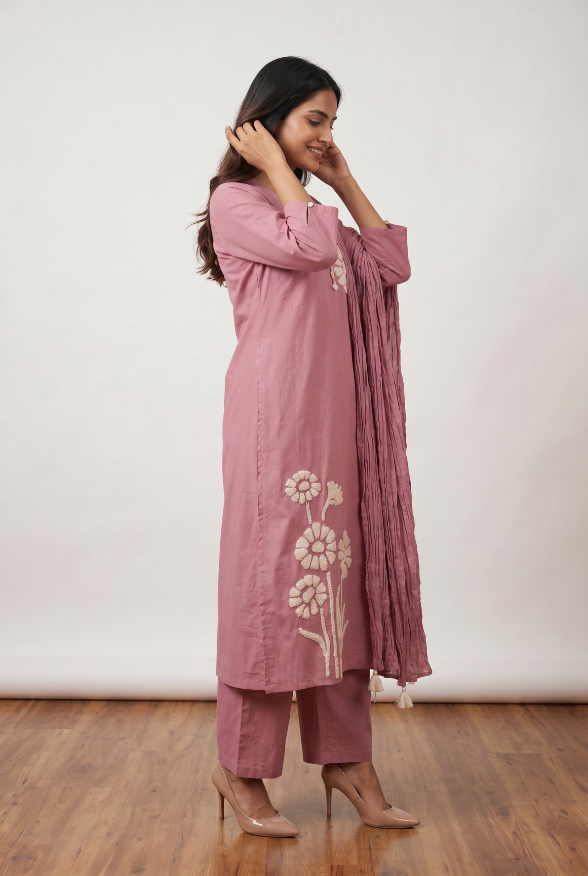 Pink Floral Embroidery Cotton Straight Kurta Pant Set with Pleated Tassel Dupatta