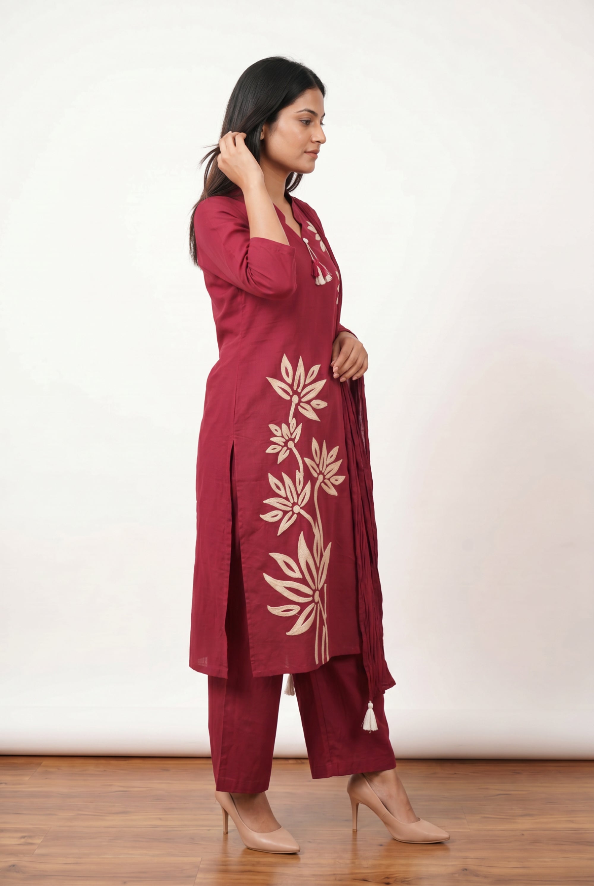 Maroon Floral Embroidered Cotton Kurta Pant Set