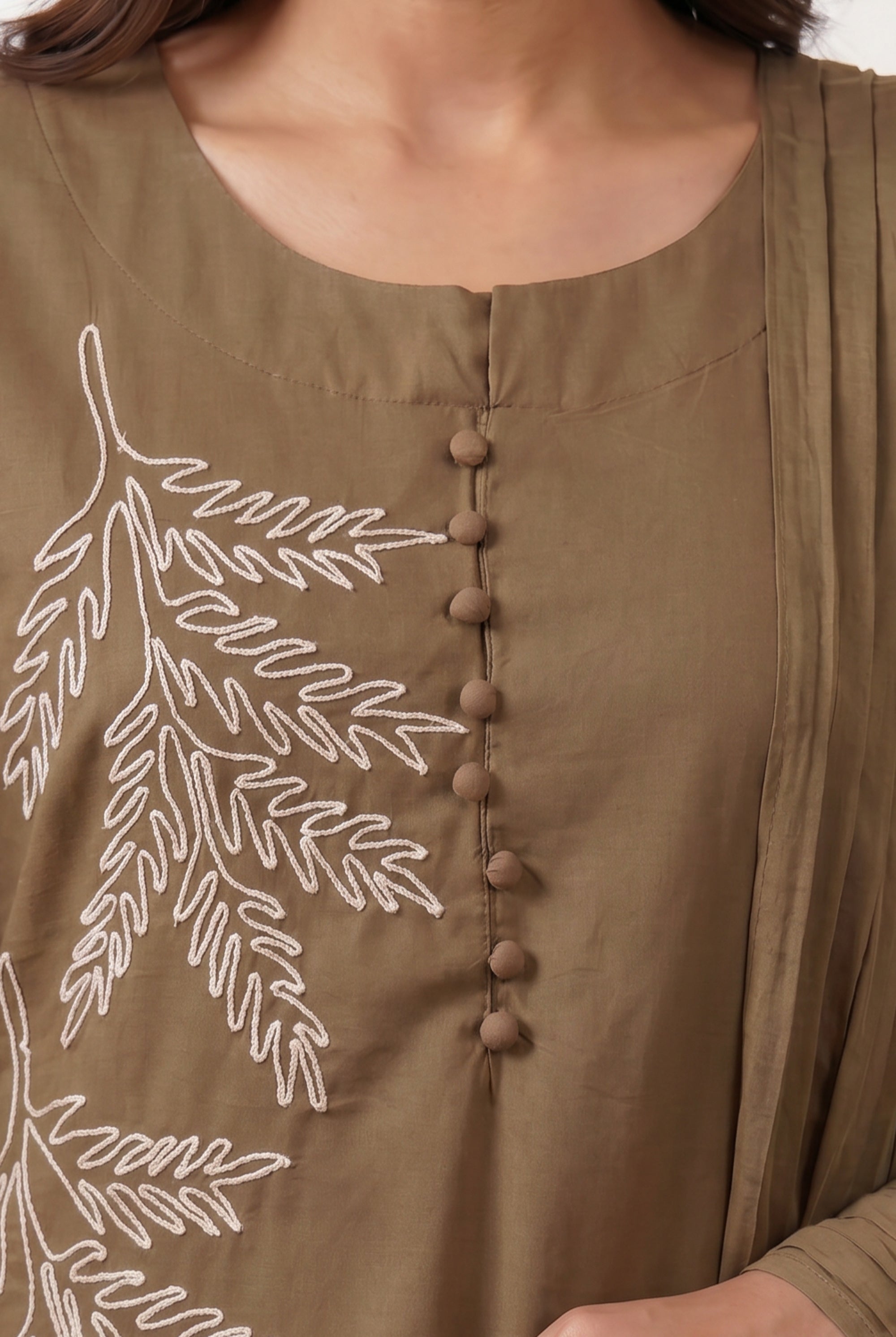 Ethnic Brown Floral Embroidered Cotton Straight Kurta Set with Pants & Dupatta