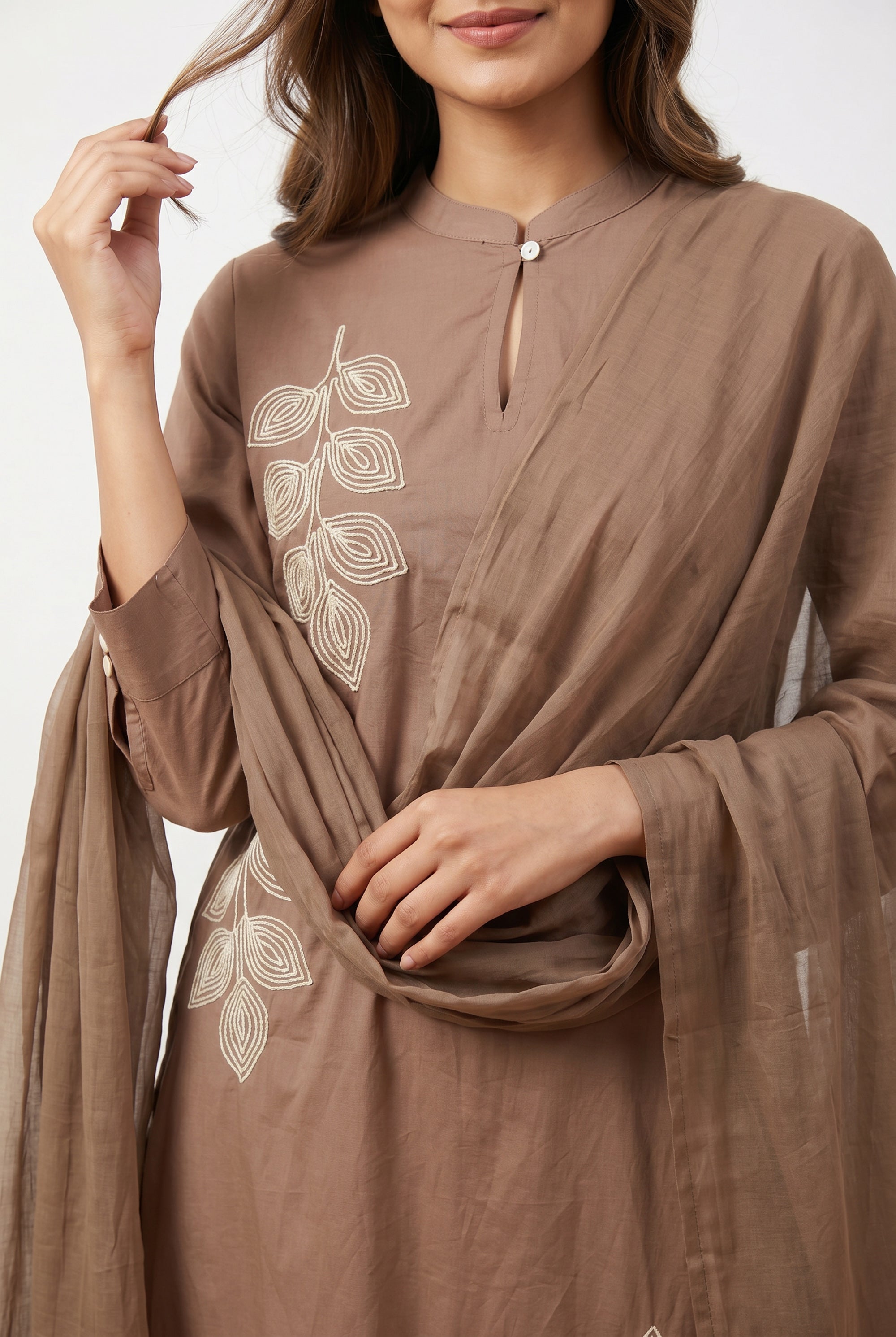 Brown Leaf Designer Embroidered Cotton Kurta Pant Set with Tassel Dupatta