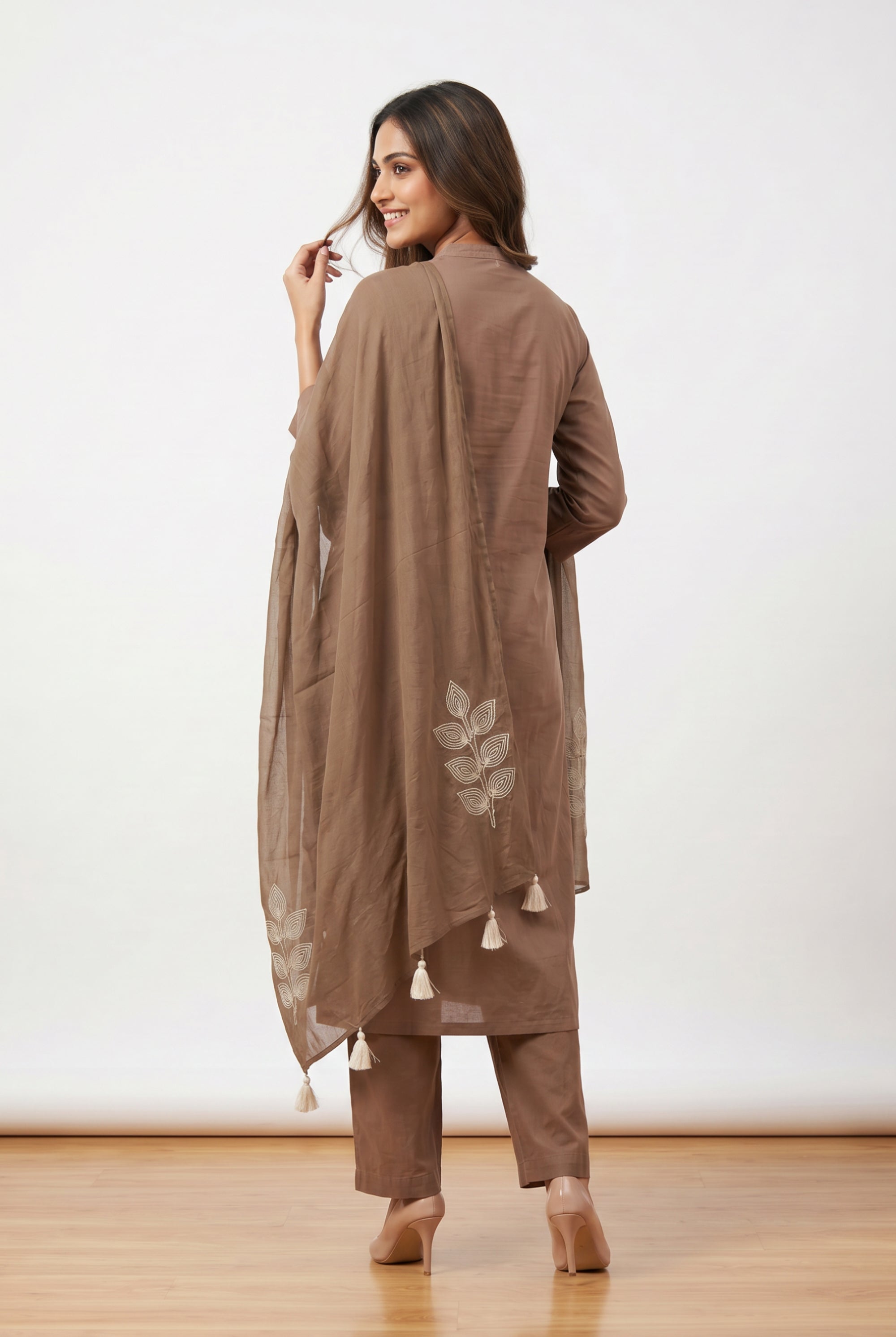 Brown Leaf Designer Embroidered Cotton Kurta Pant Set with Tassel Dupatta