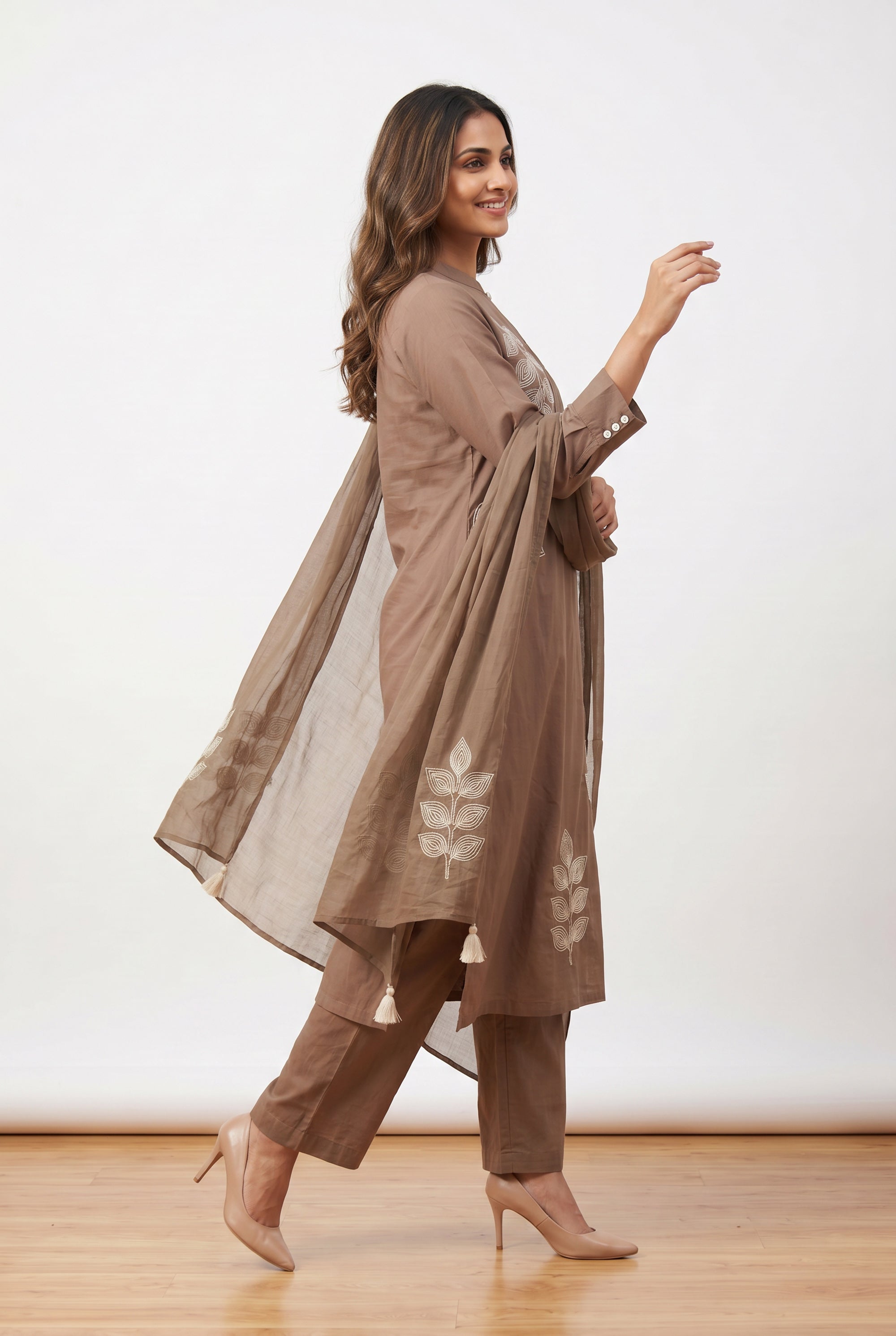 Brown Leaf Designer Embroidered Cotton Kurta Pant Set with Tassel Dupatta