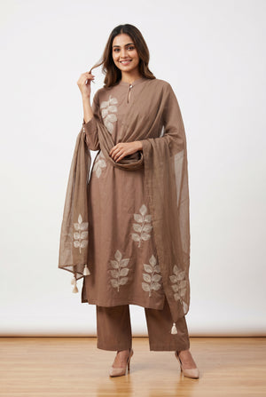 Brown Leaf Designer Embroidered Cotton Kurta Pant Set with Tassel Dupatta