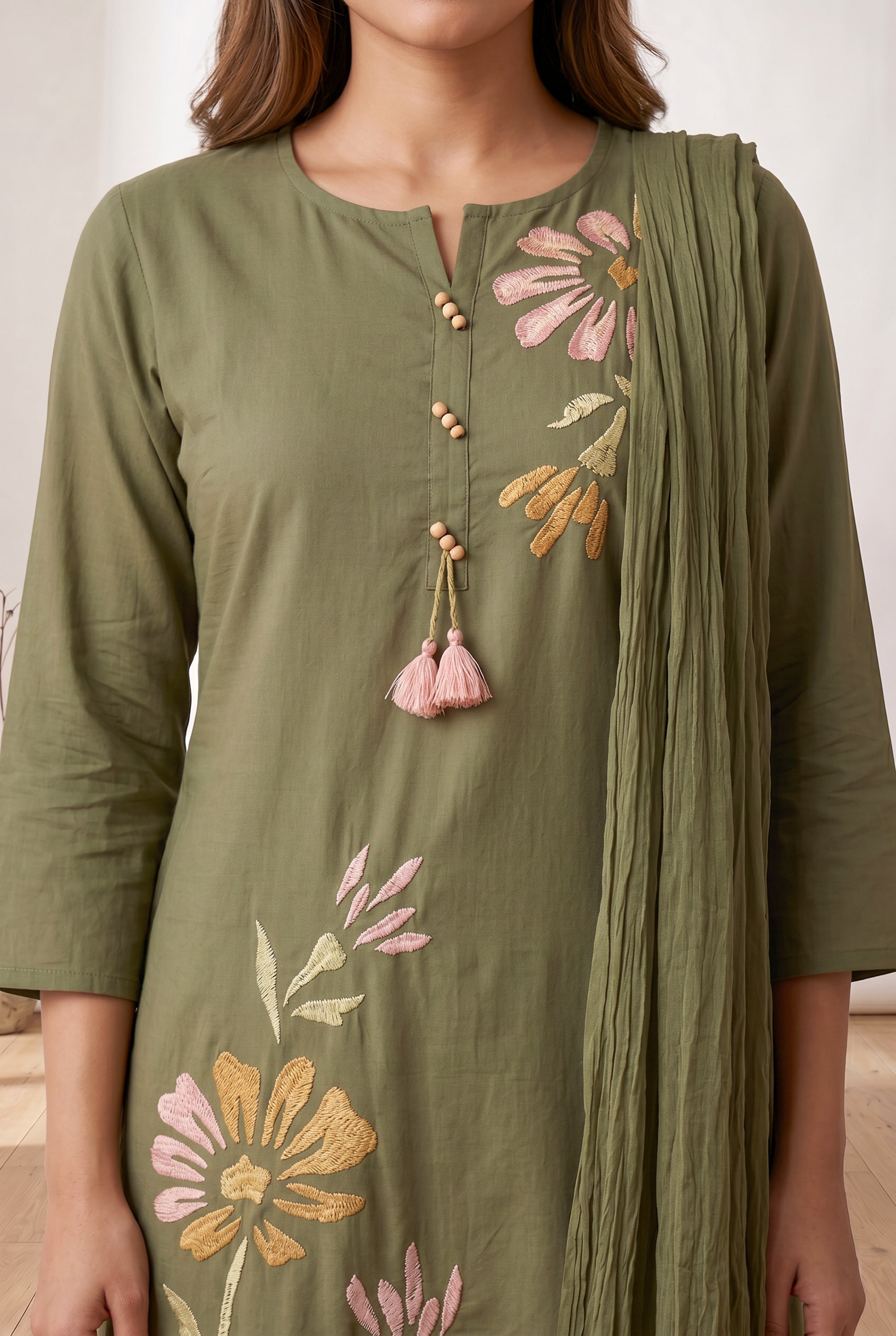 Olive Green Floral Embroidered Cotton Kurta Pant Set with Tassel Dupatta