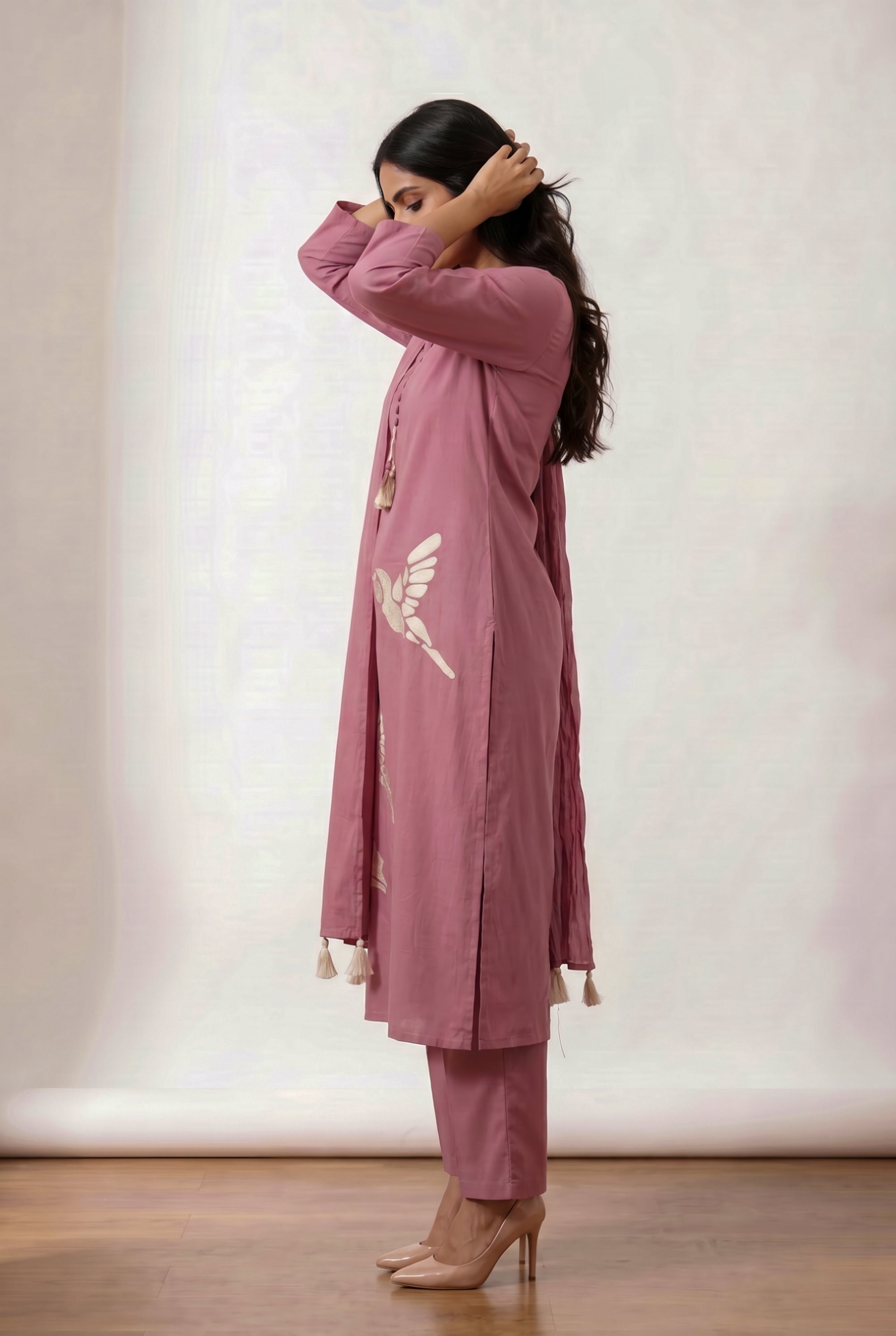 Pink Bird Embroidered Ethnic Cotton Kurta Set with Designer Tassel Dupatta