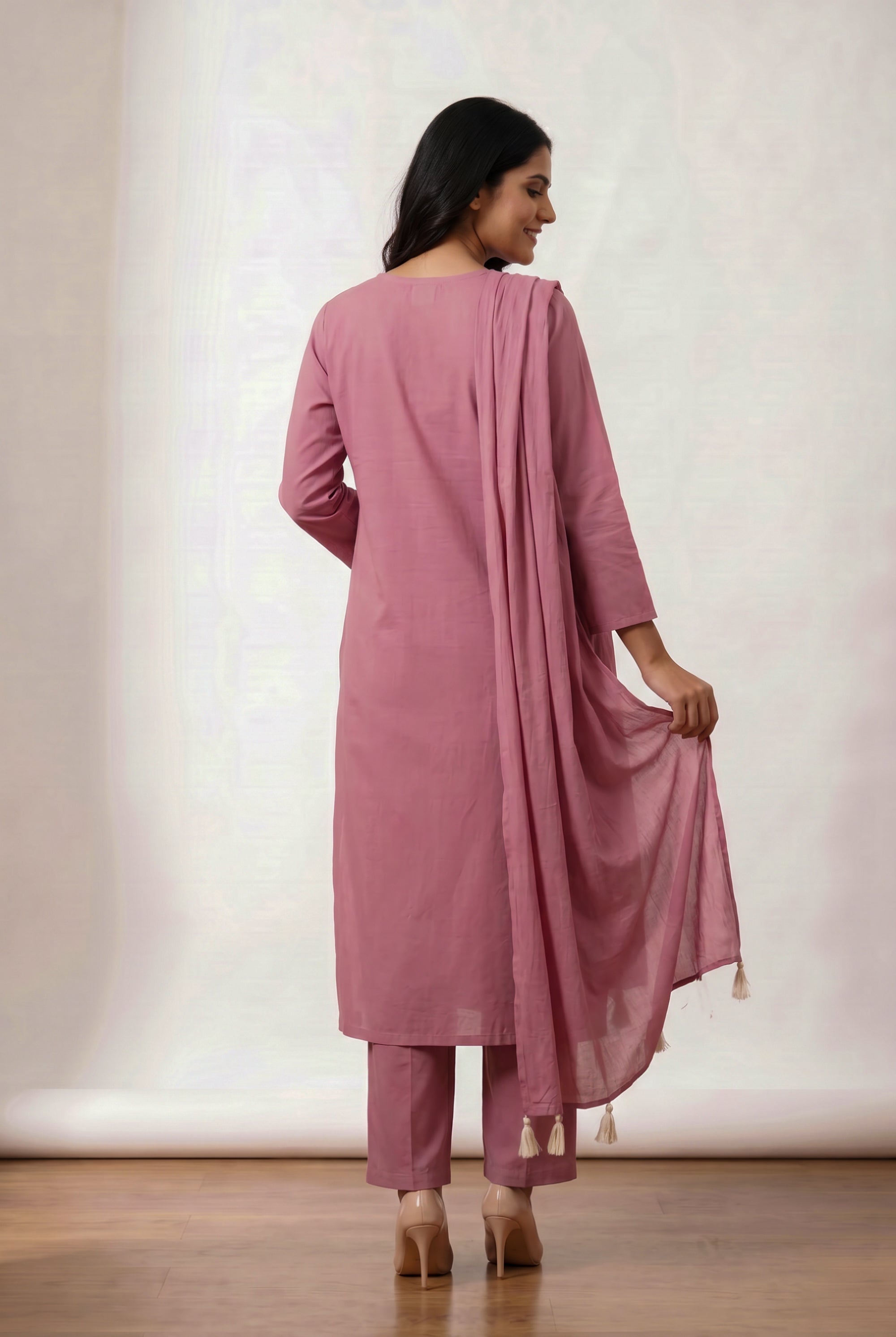 Pink Bird Embroidered Ethnic Cotton Kurta Set with Designer Tassel Dupatta
