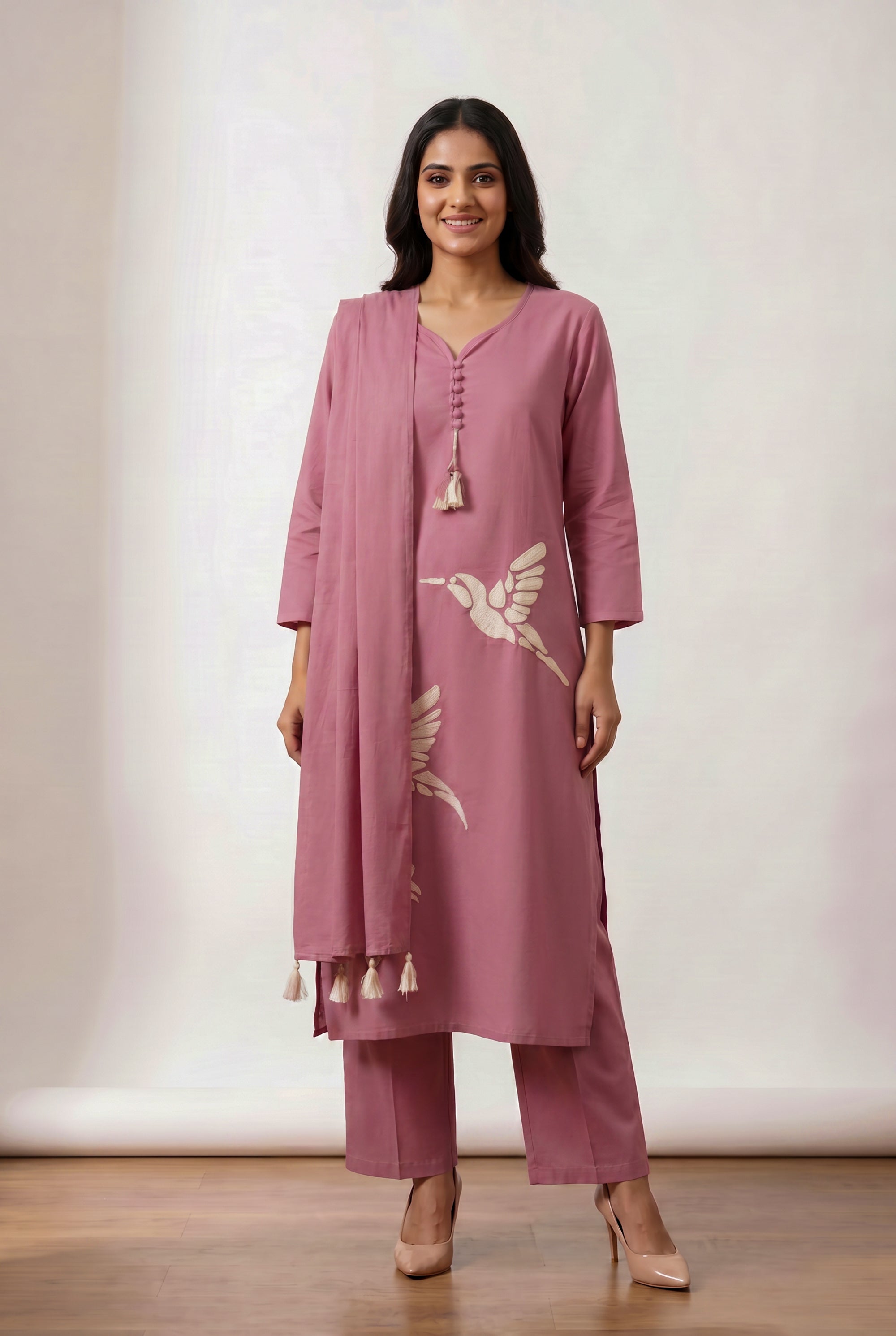 Pink Bird Embroidered Ethnic Cotton Kurta Set with Designer Tassel Dupatta