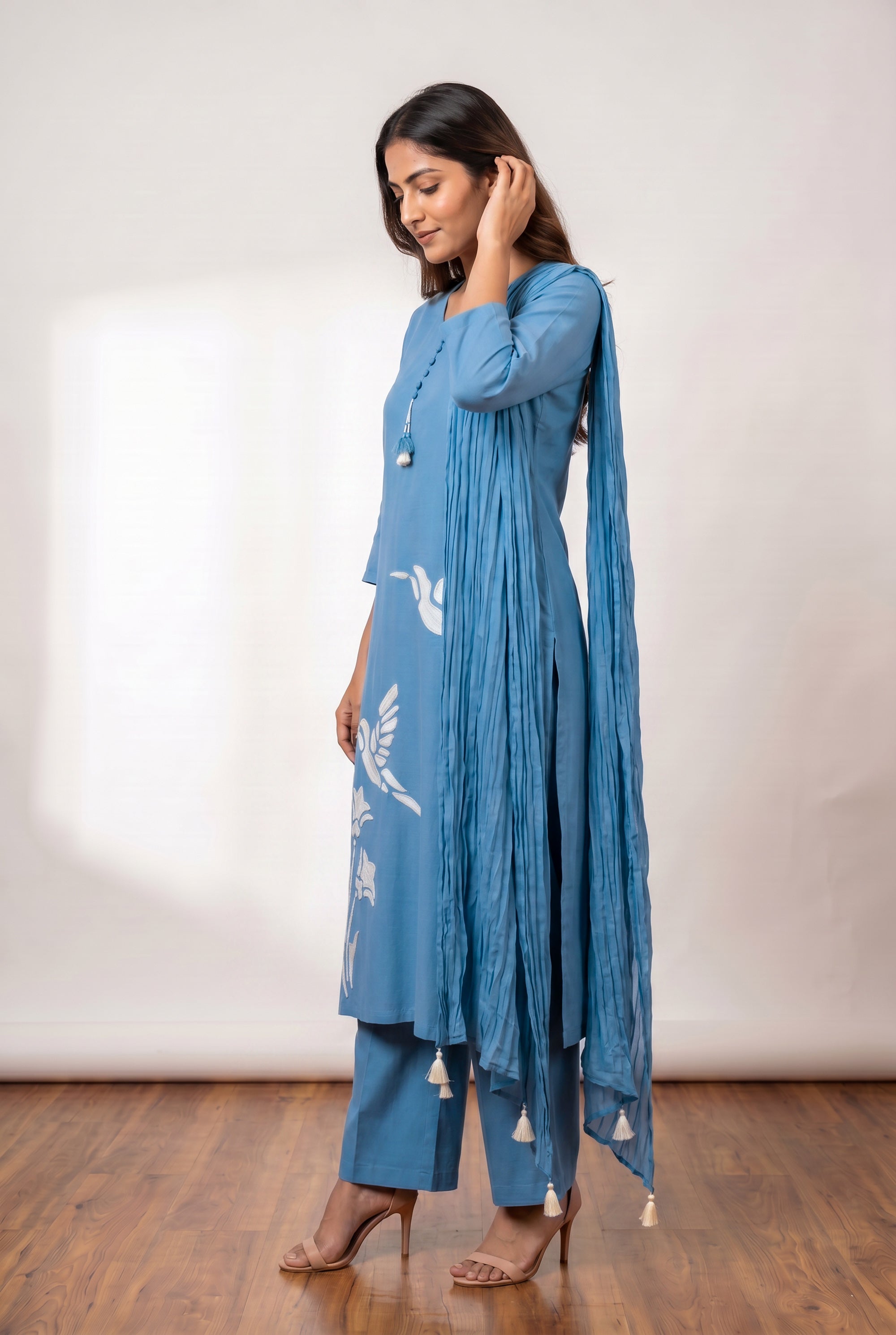 Sky Blue Bird Embroidered Cotton Ethnic Kurta Set with Designer Pleated Dupatta