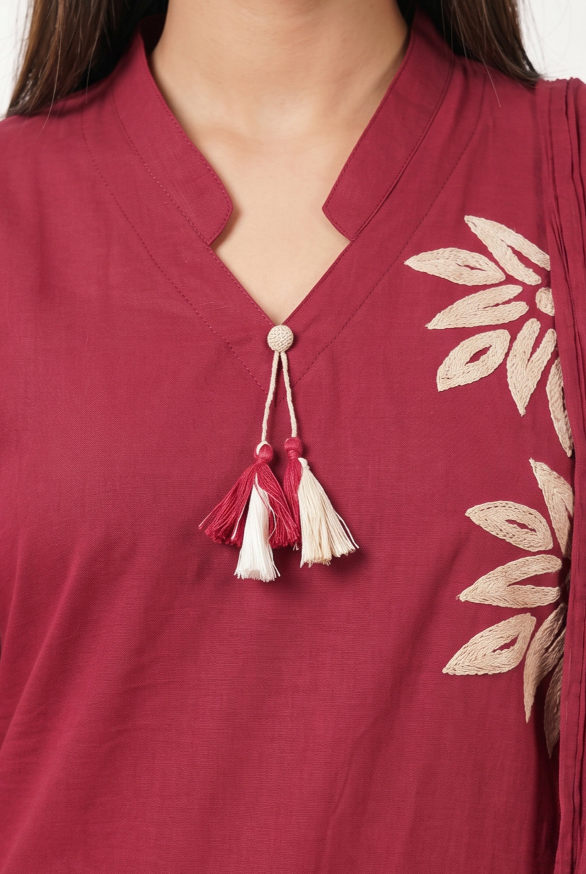 Maroon Floral Embroidered Cotton Kurta Pant Set with Pleated Tassel Dupatta