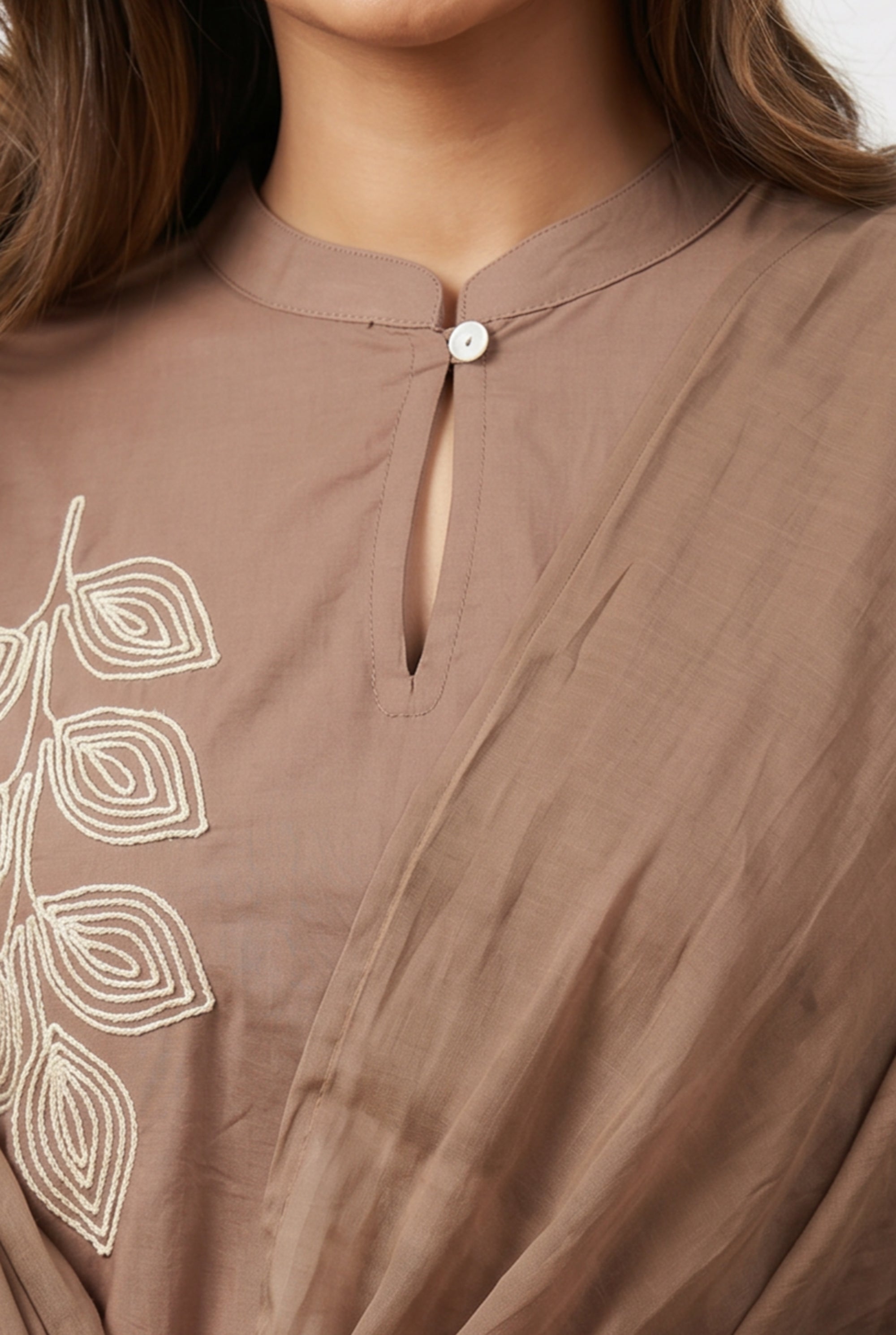 Brown Leaf Designer Embroidered Cotton Kurta Pant Set with Tassel Dupatta