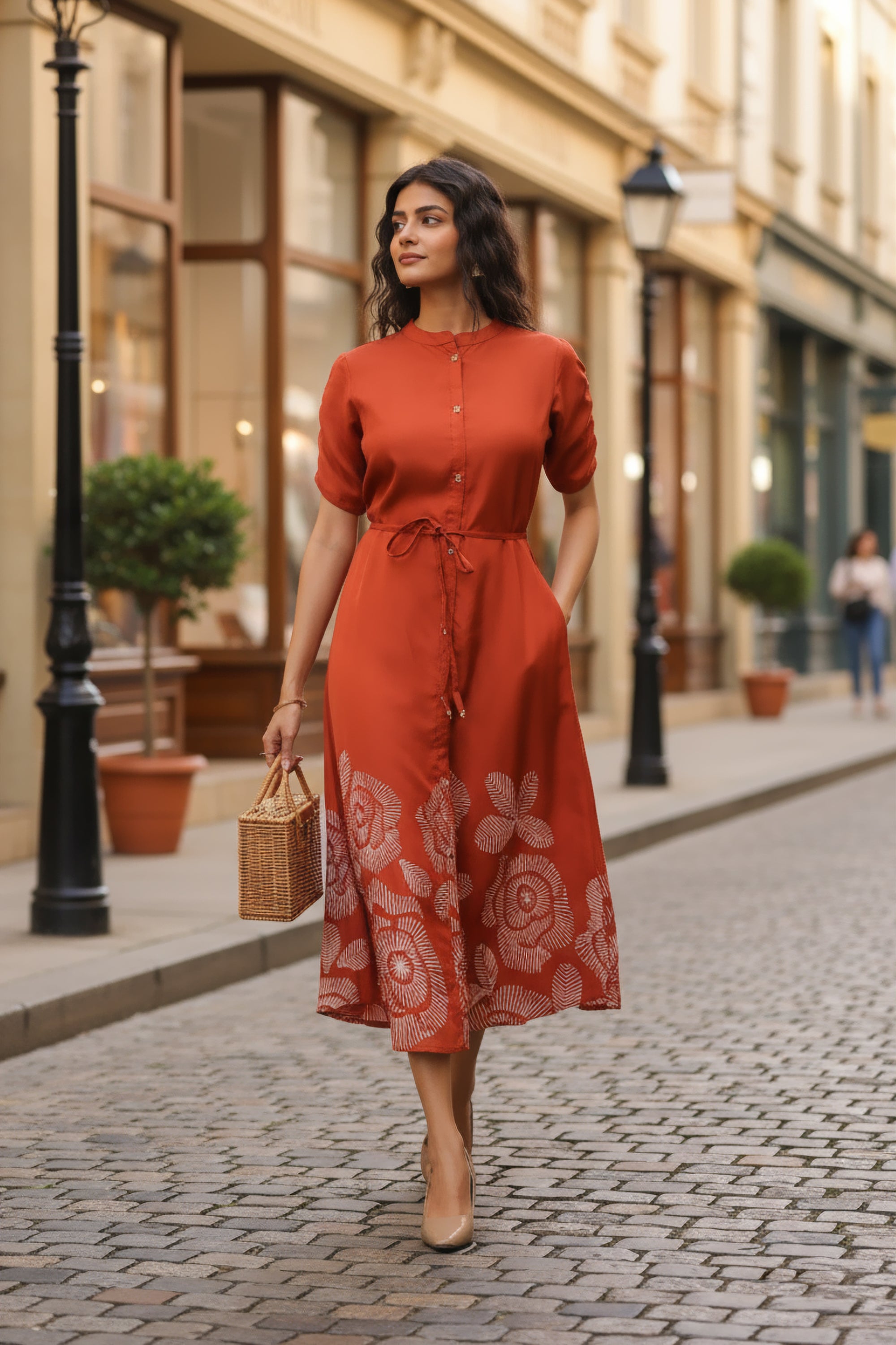 Rust Abstract Floral Russian Silk Midi Dress