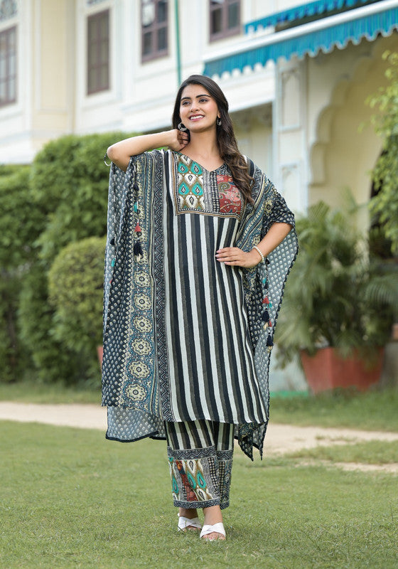 Black & Ivory Striped Printed Kaftan Set