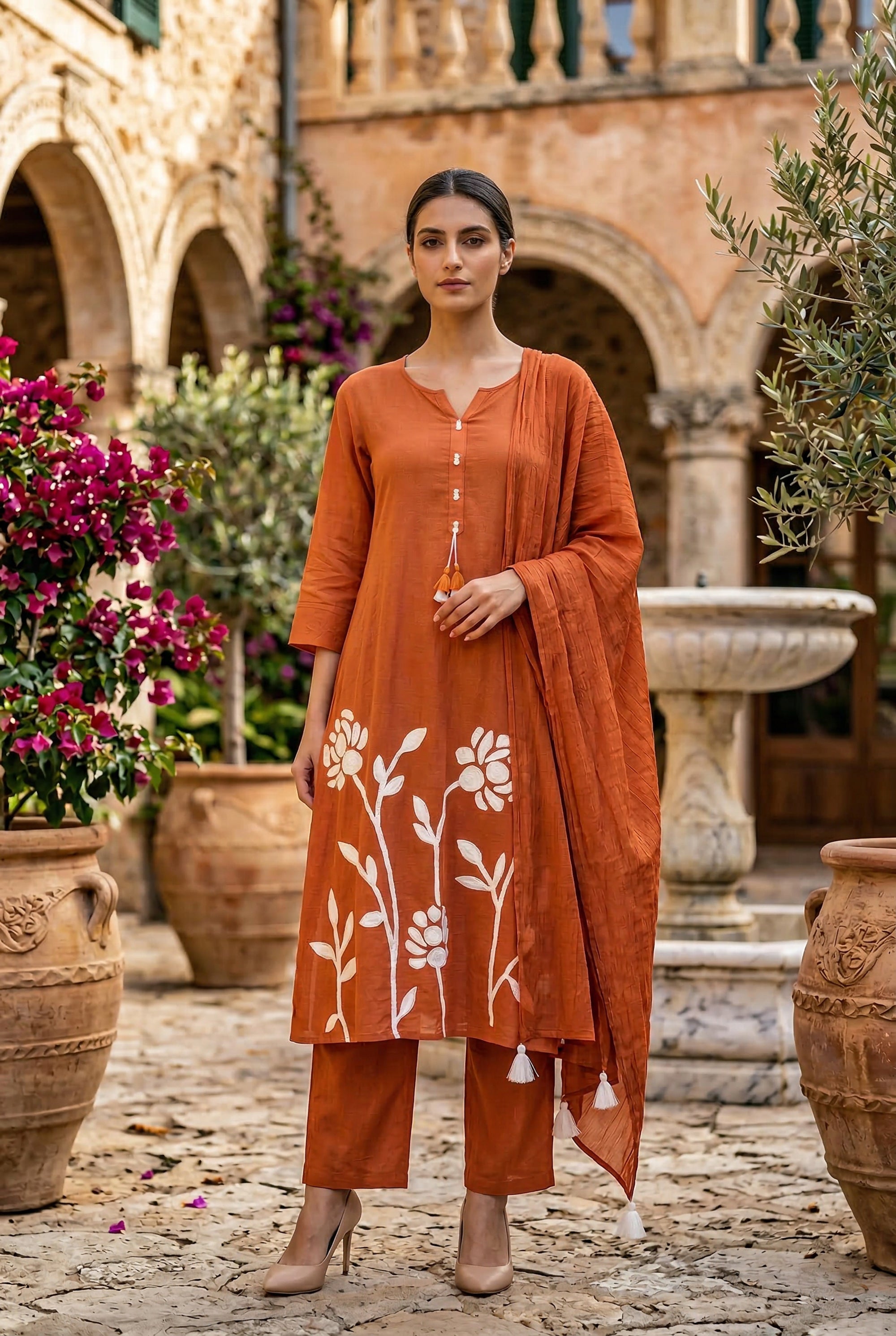 Rust Floral Botanical Ethnic Embroidered Cotton Kurta Set with Dupatta