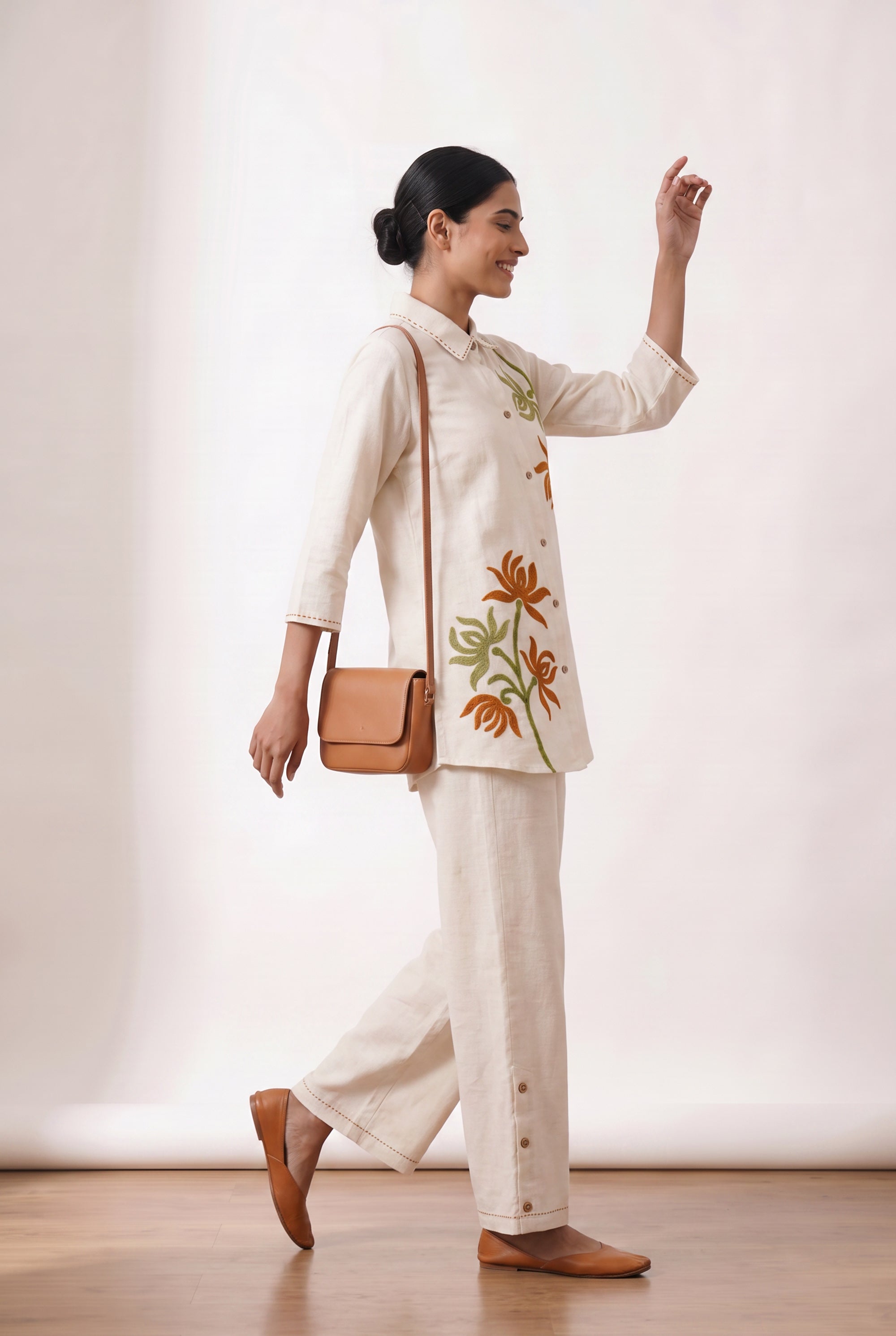 Off-White Floral Embroidered Cotton Flex Co-ord Set with Collared Button-Down Shirt and Wide-Leg Palazzo Pants