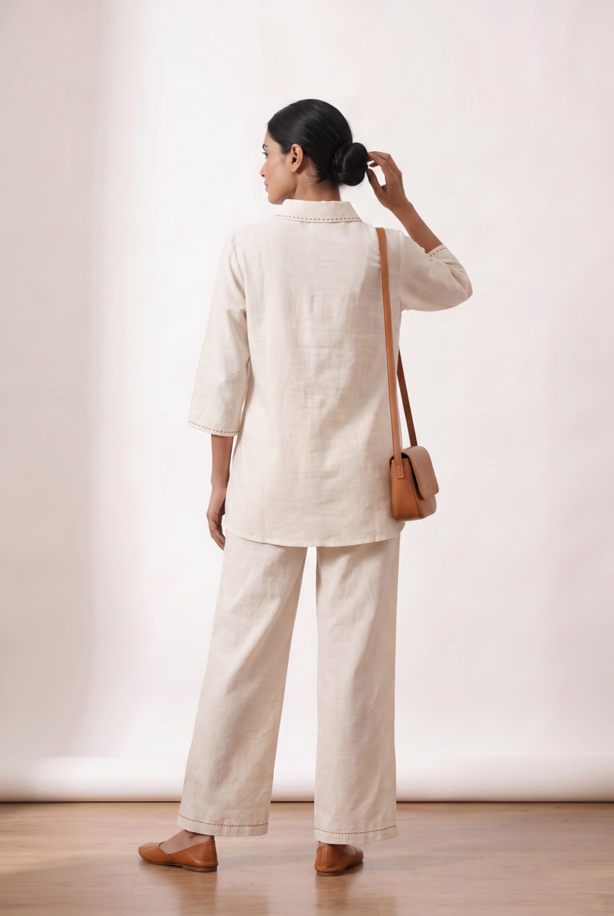 Off-White Floral Embroidered Cotton Flex Co-ord Set with Collared Button-Down Shirt and Wide-Leg Palazzo Pants