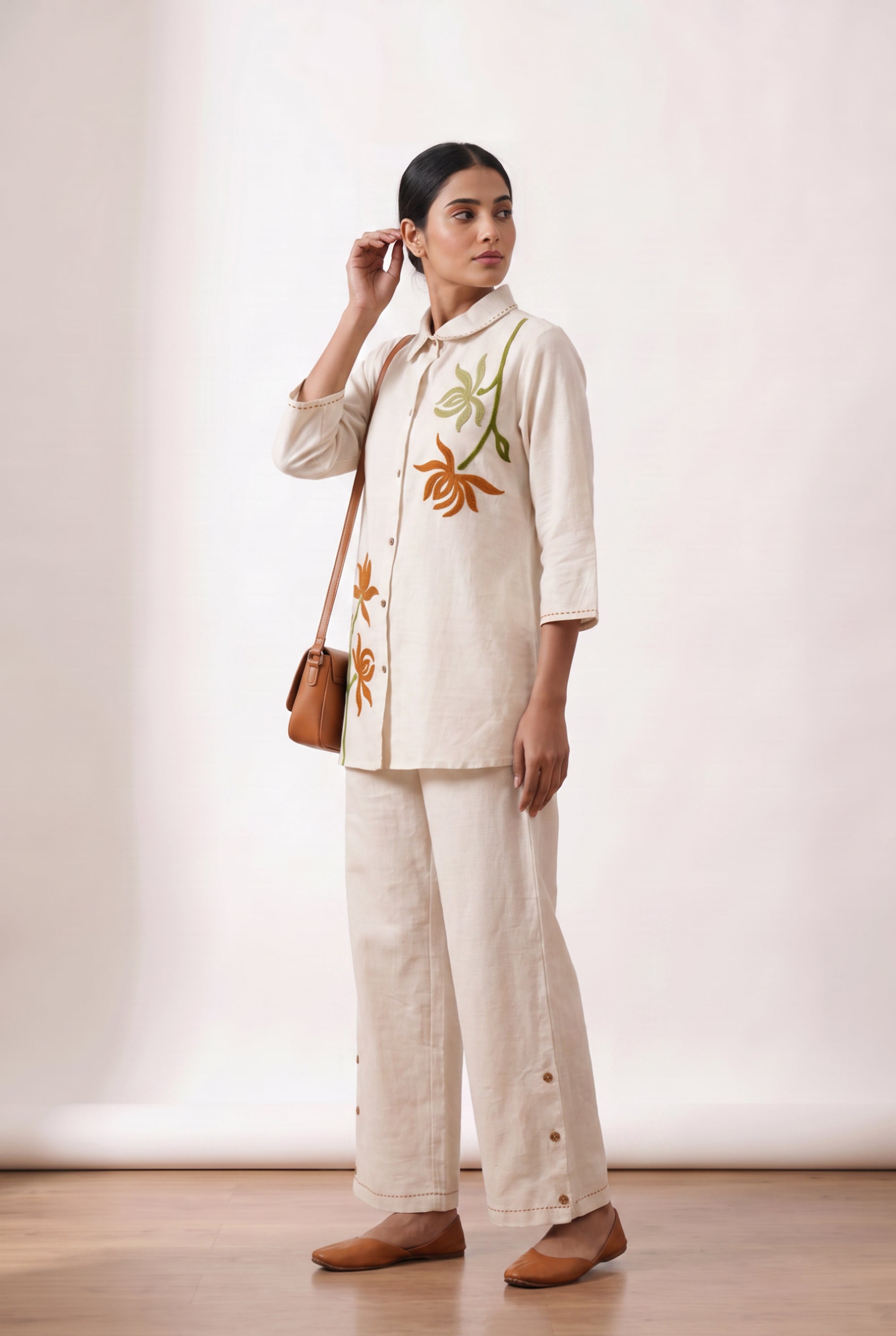 Off-White Floral Embroidered Cotton Flex Co-ord Set with Collared Button-Down Shirt and Wide-Leg Palazzo Pants