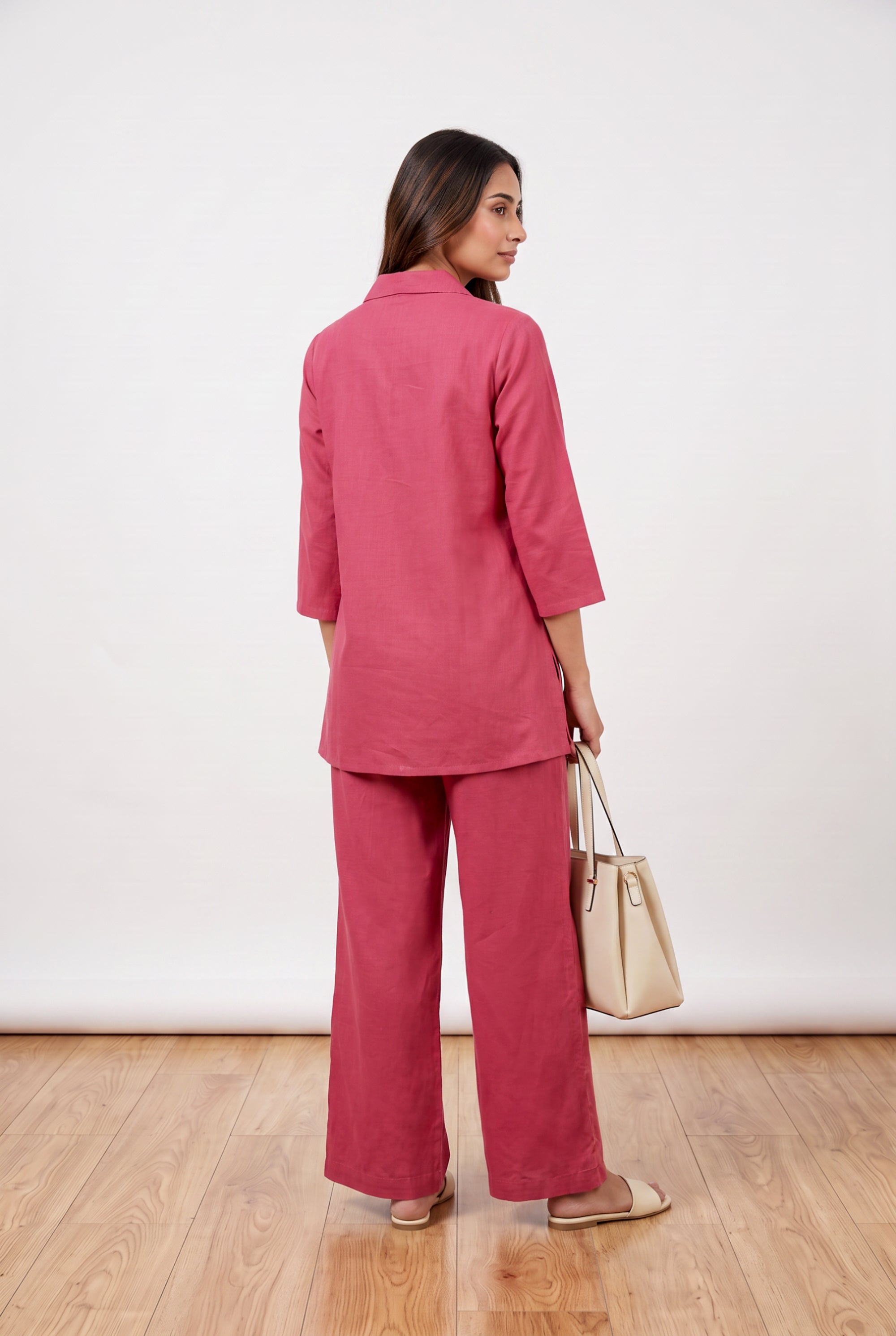 Pink Floral Embroidered Cotton Flex Co-ord Set with Collared Button-Down