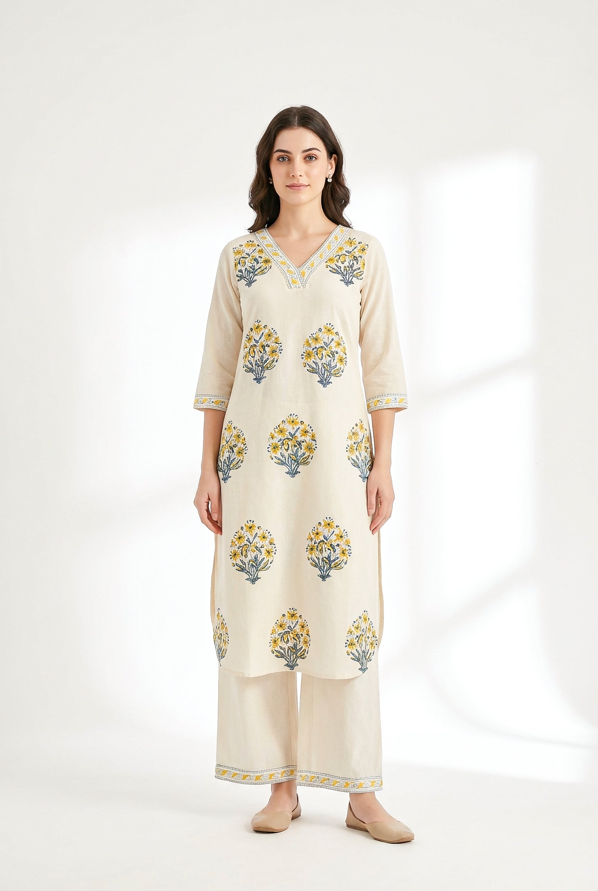Classic Ivory & Mustard Botanical Printed Kurta Pant Set