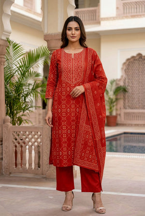 Red Zari Traditional Inspired Cotton Printed Kurta Set with Dupatta