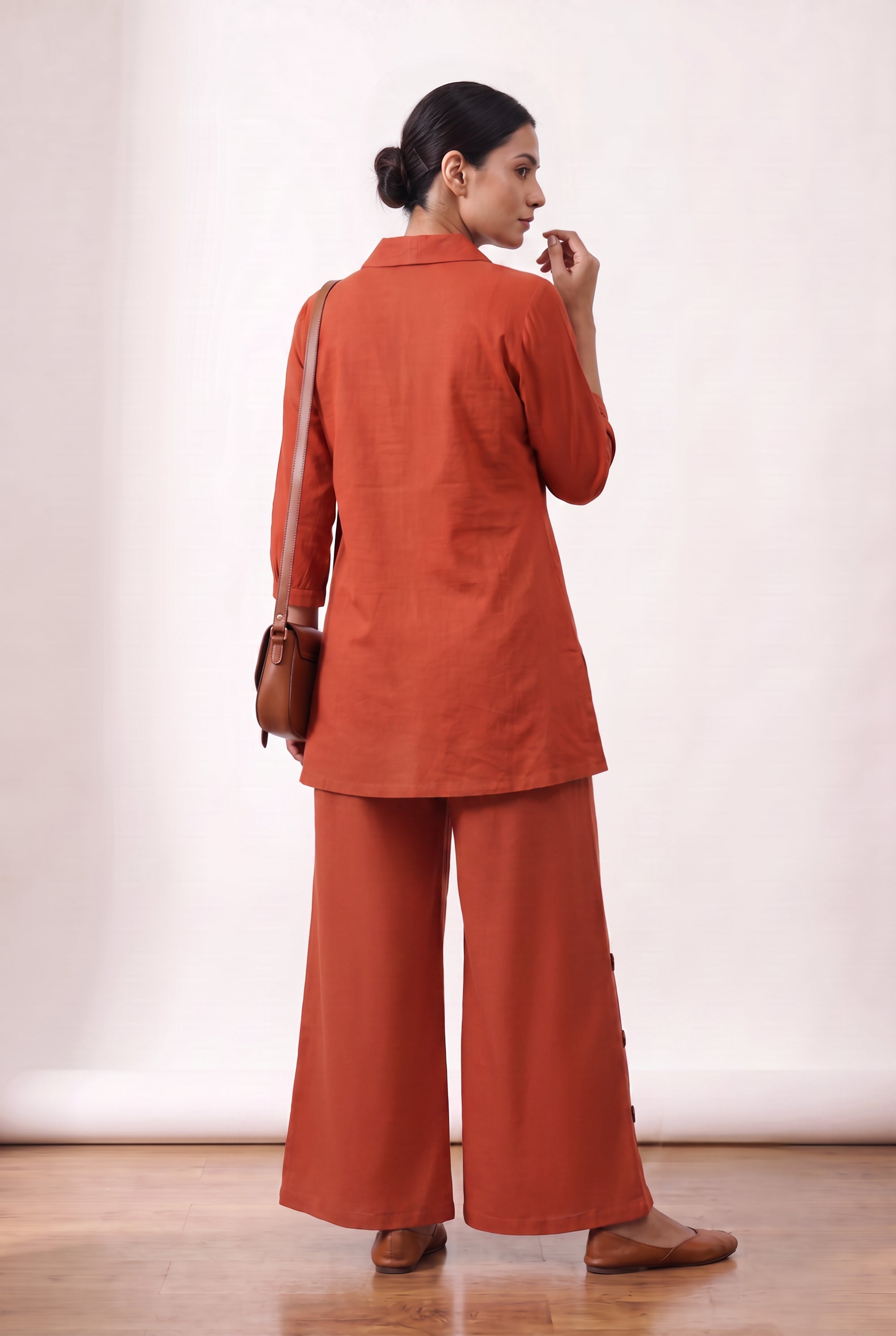 Rust Orange Floral V-Neck Embroidered Cotton Co-ord Set for Casual & Festive Wear