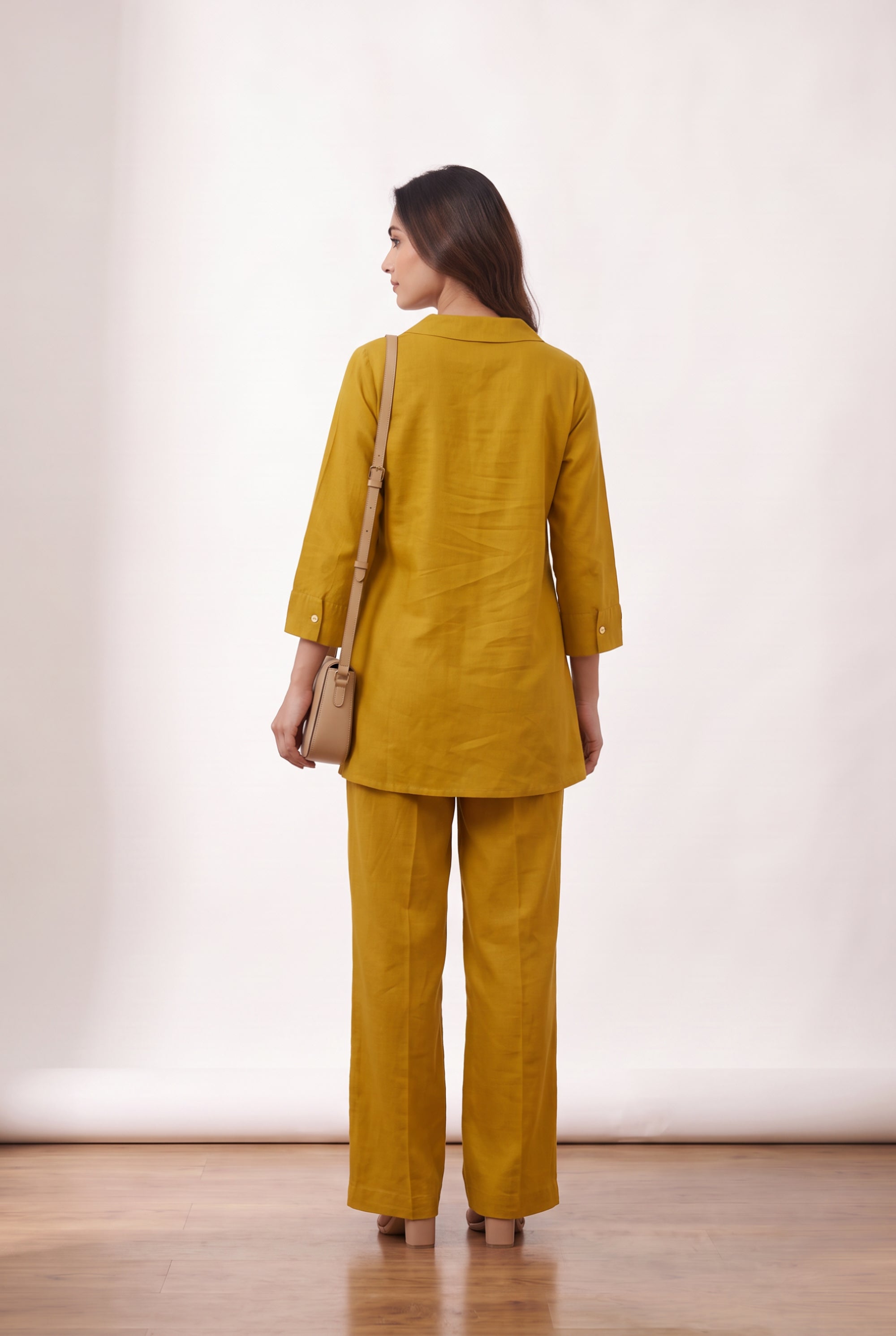 Mustard Bird Embroidered Cotton Flex Co-ord Set with V-Neck Lapel Collar Tunic and Straight-Fit Pants