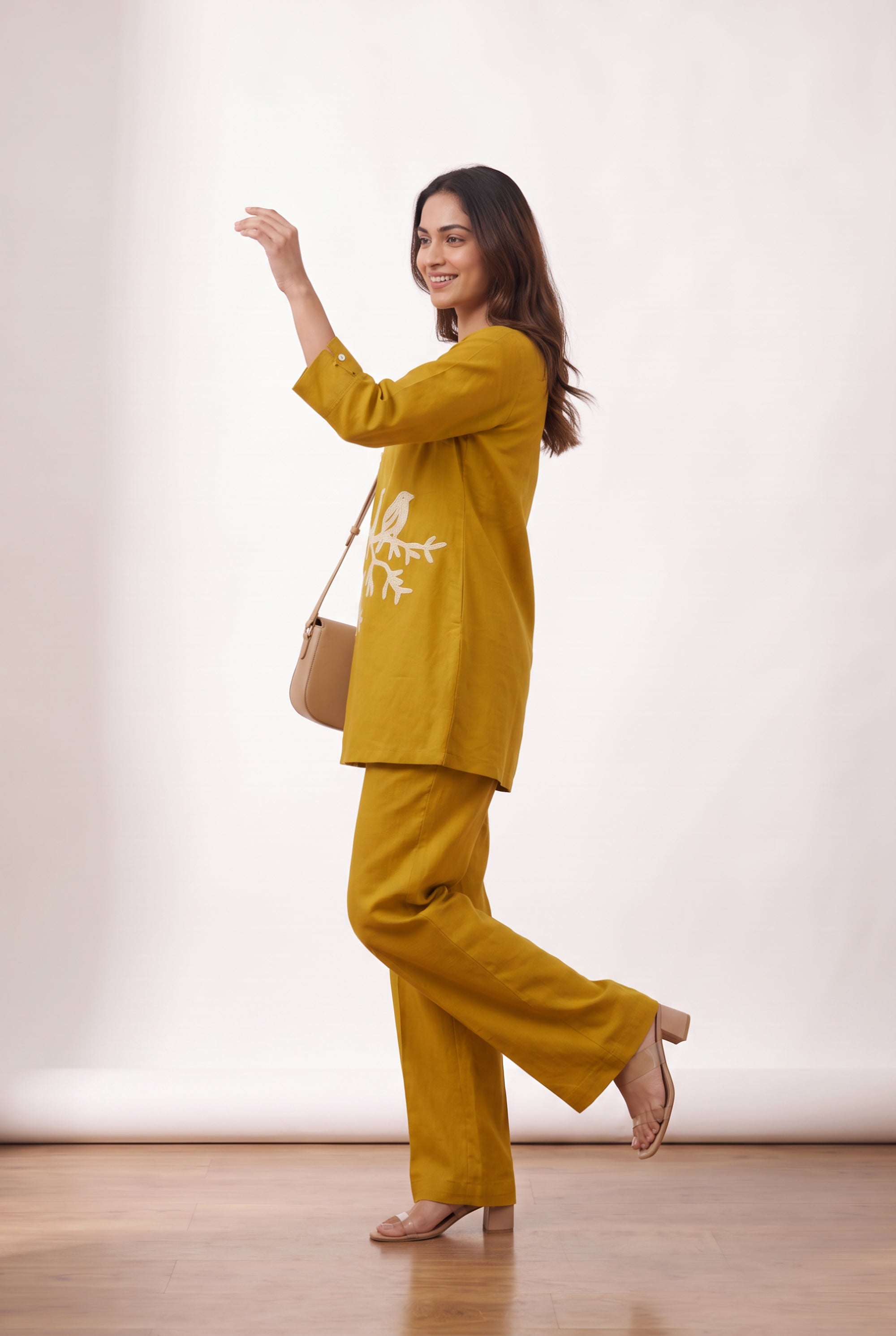 Mustard Bird Embroidered Cotton Flex Co-ord Set with V-Neck Lapel Collar Tunic and Straight-Fit Pants