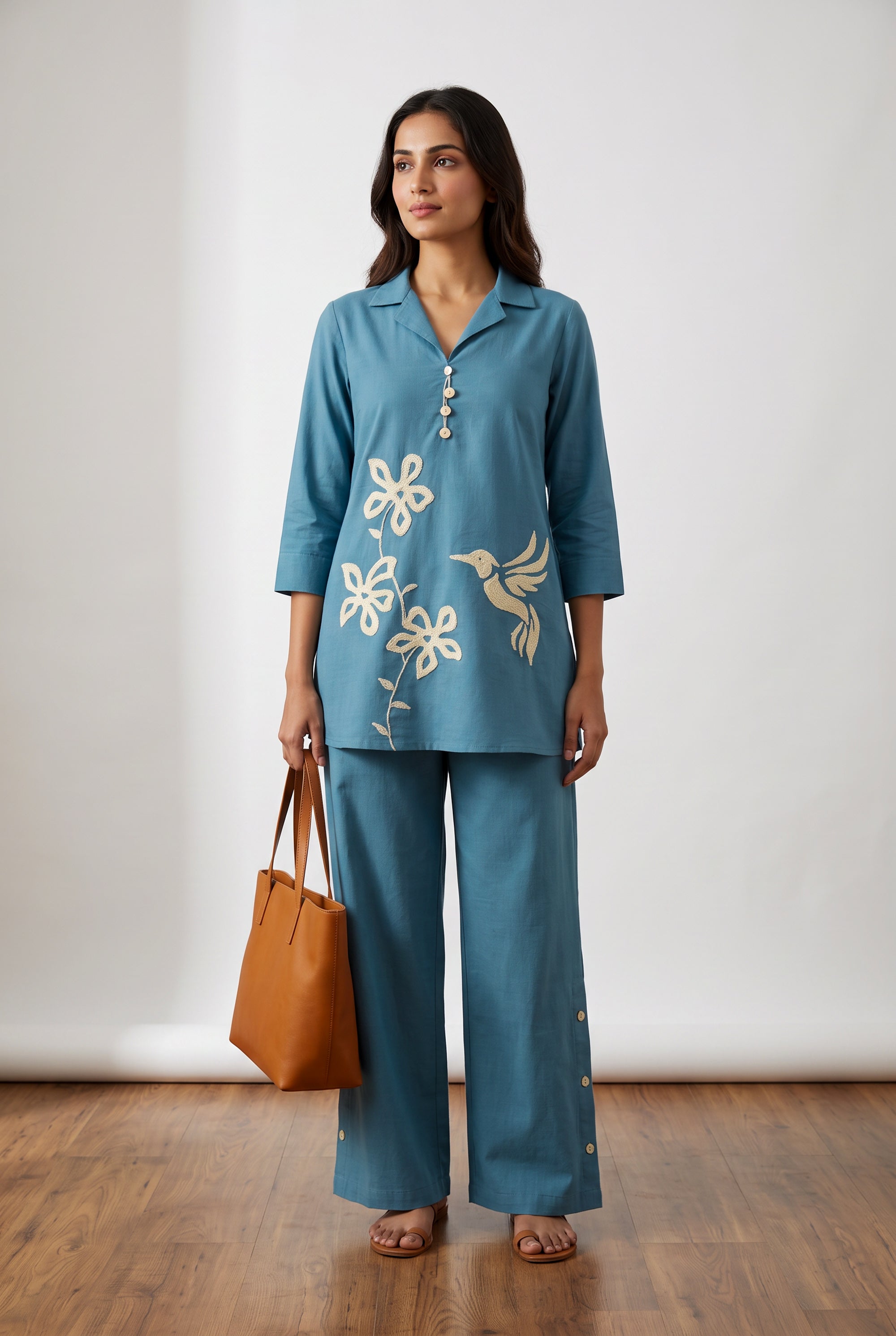 Sky Blue Floral & Bird Embroidered Cotton Flex Co-ord Set with Collared V-Neck