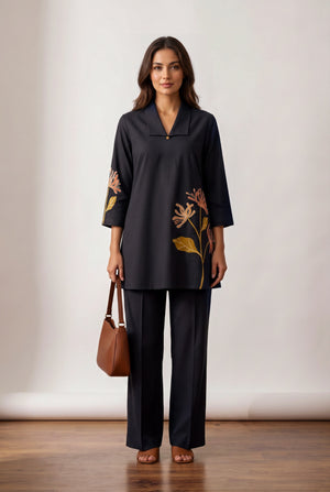 Black Floral Botanical Embroidered Cotton Flex Co-ord Set