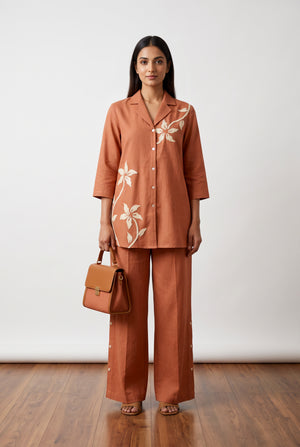 Peach Floral Embroidered Cotton Flex Co-ord Set