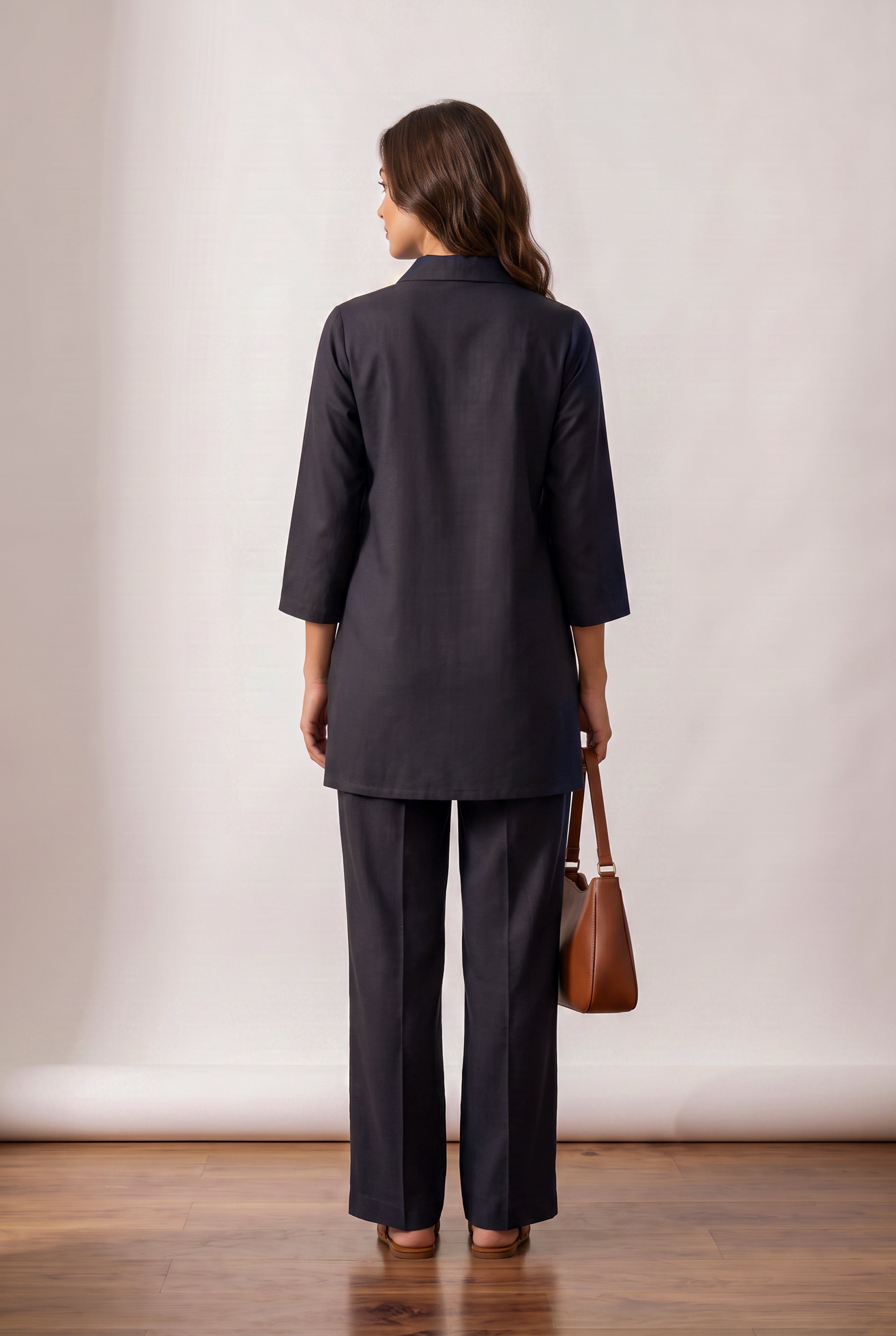 Black Floral Botanical Embroidered Cotton Flex Co-ord Set with V-Neck Lapel Collar Tunic and Straight-Fit Pants