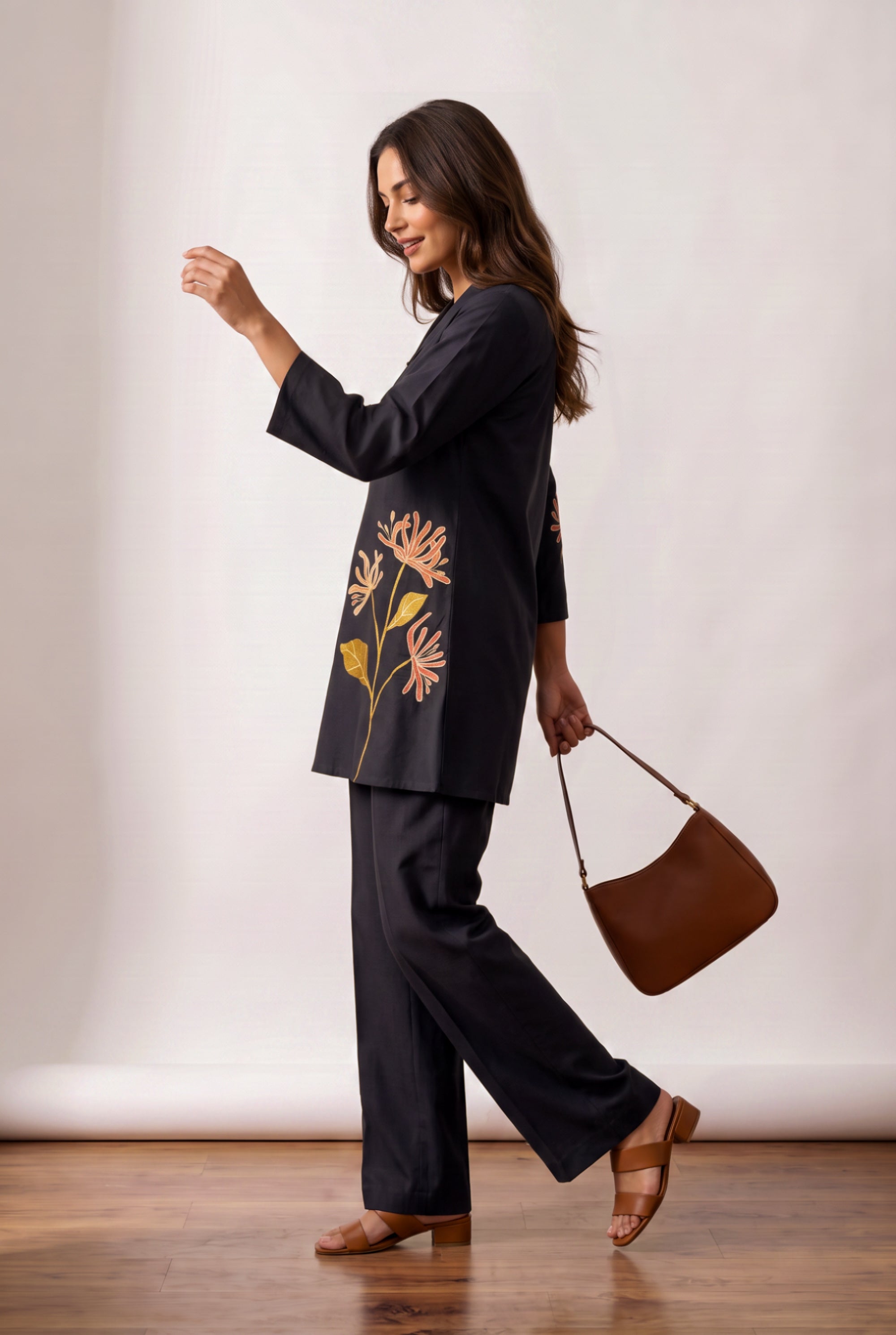 Black Floral Botanical Embroidered Cotton Flex Co-ord Set with V-Neck Lapel Collar Tunic and Straight-Fit Pants