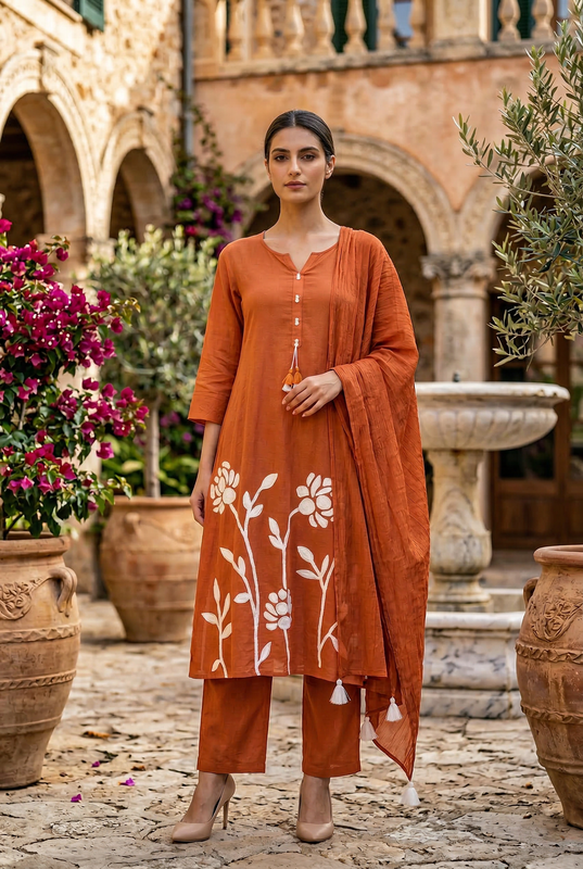 Rust Floral Botanical Ethnic Embroidered Cotton Kurta Set with Dupatta