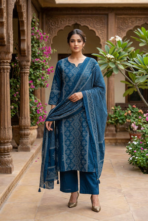 Jaipur Blue Handcrafted Printed Cotton Kurta Set with Tassel Dupatta