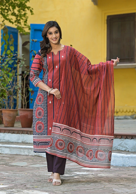 Classic Rust Red Ethnic Motif Printed Kurta Set with Dupatta