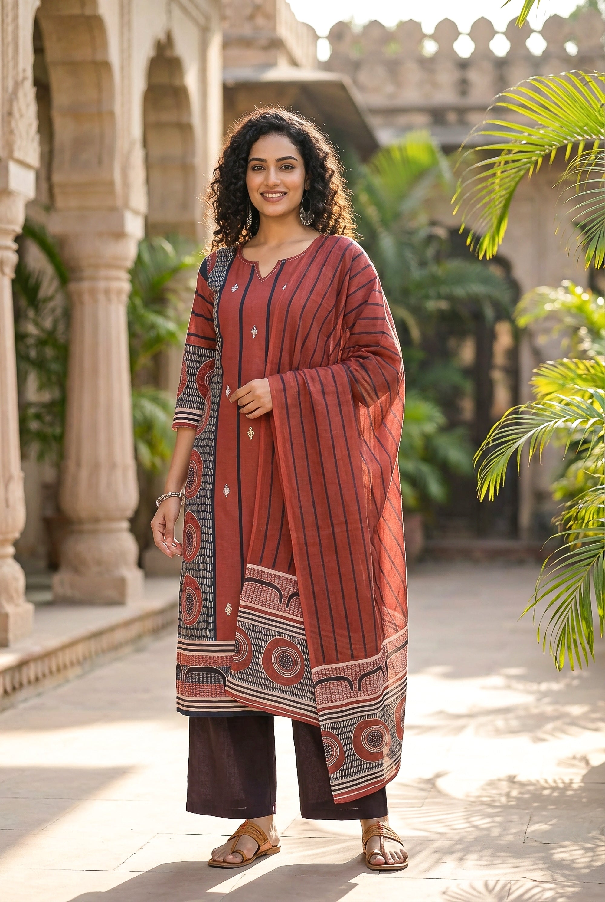 Classic Rust Red Ethnic Motif Printed Kurta Set with Dupatta