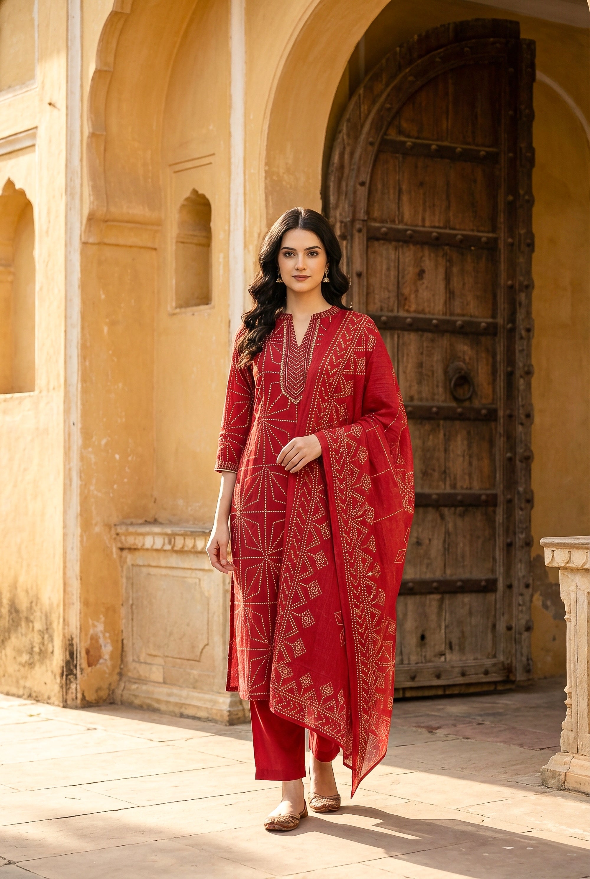 Classic Crimson Bandhani Motif Kurta Set with Dupatta