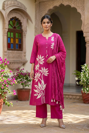 Pink Floral Bloom Embroidered Ethnic Cotton Kurta Set with Dupatta