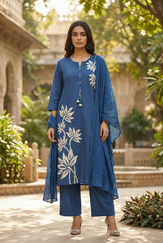 Blue Botanical Nature Leaf Embroidered Cotton Kurta Pant Set with Dupatta