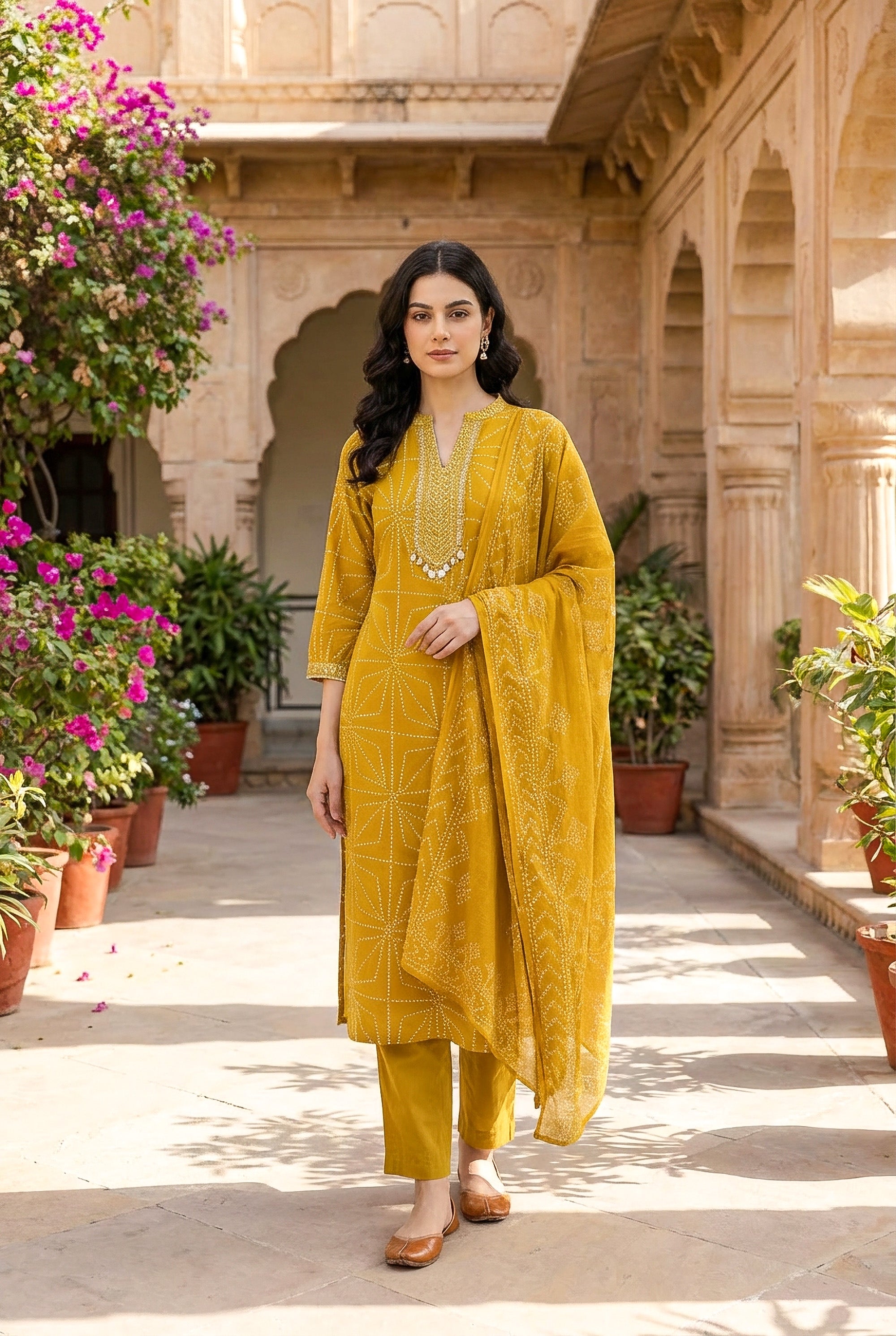 Elegant Mustard Bandhani Kurta Pant Set with Dupatta